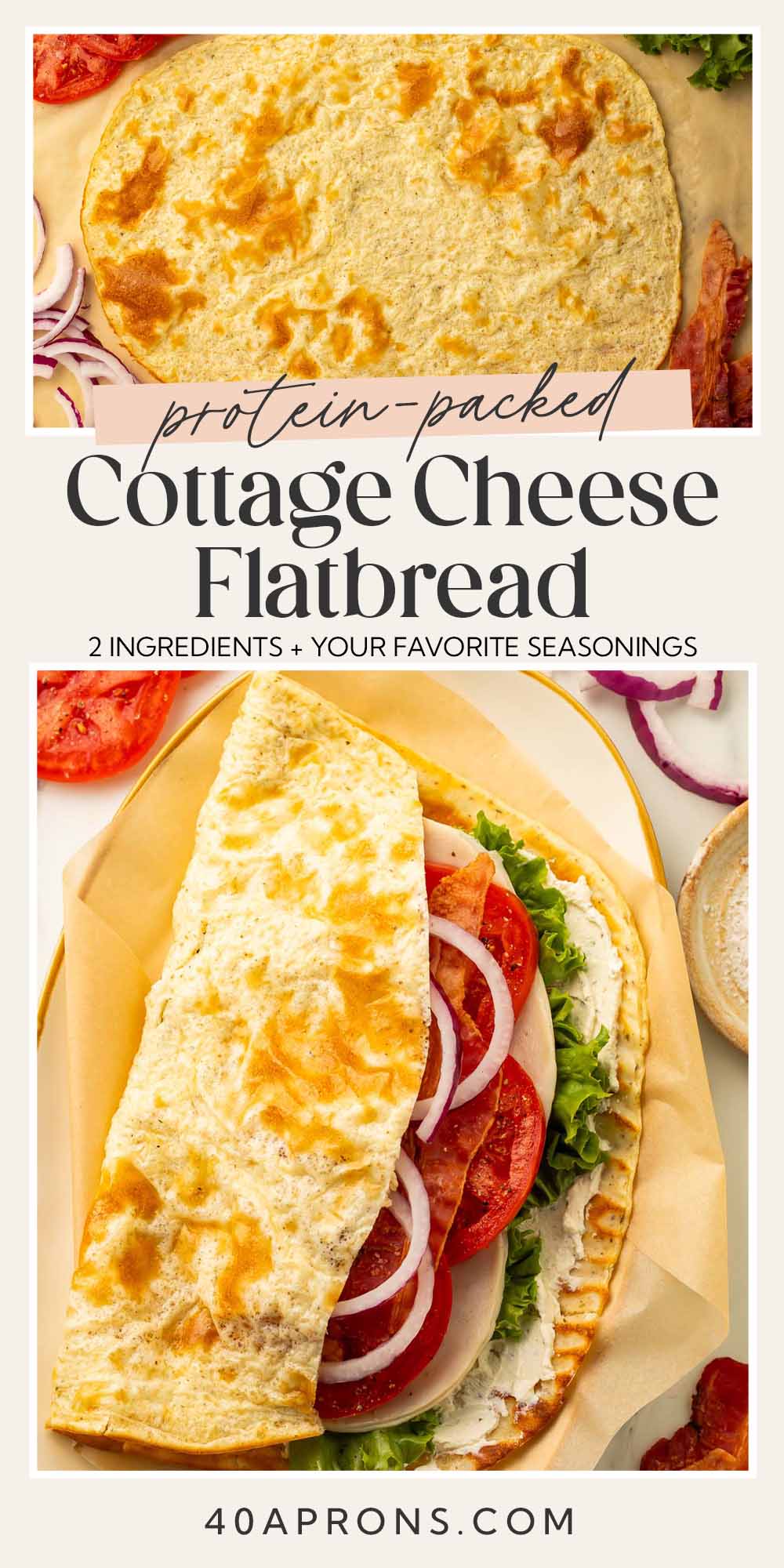 Pin graphic for cottage cheese flatbread.