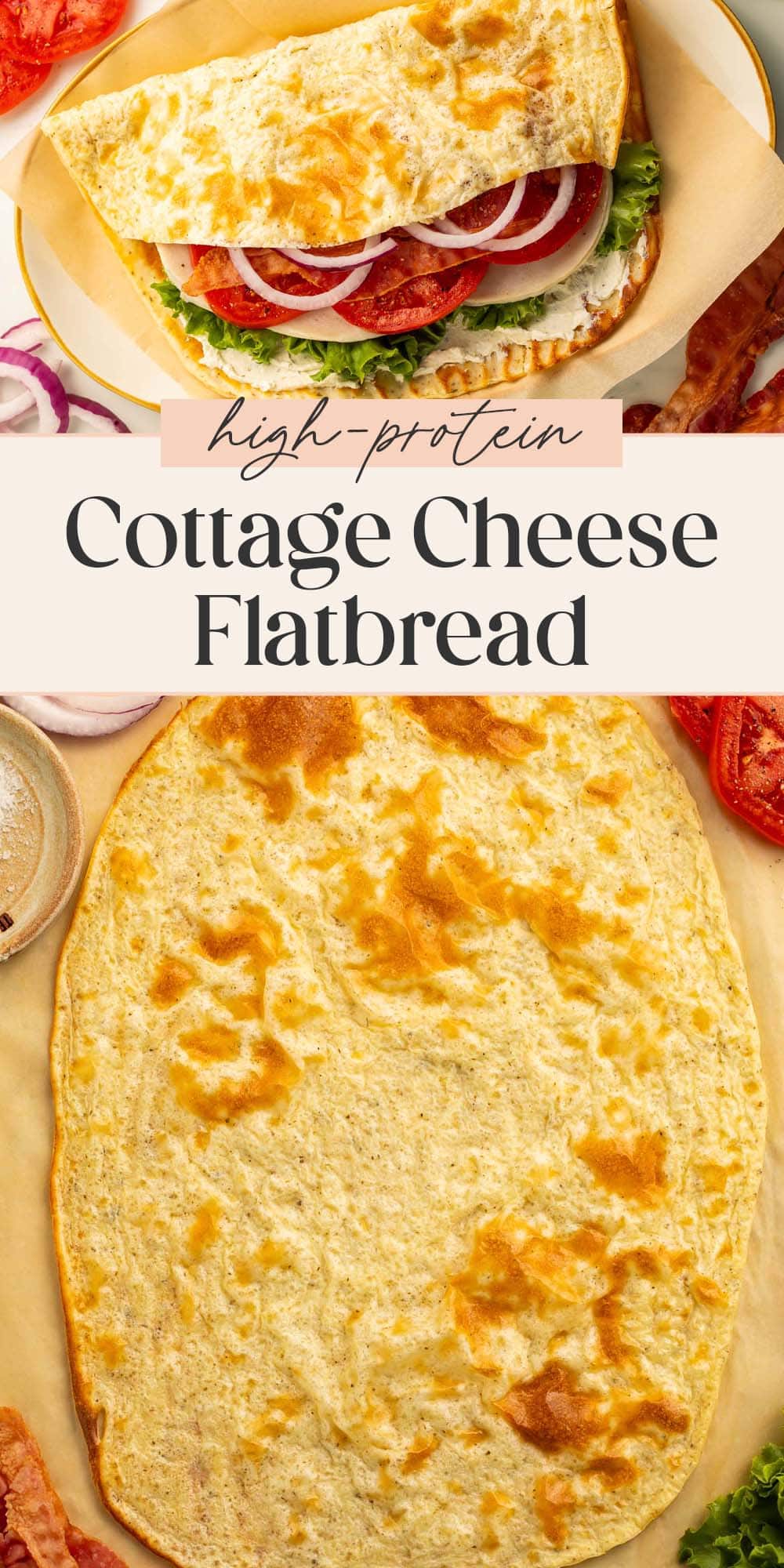 Pin graphic for cottage cheese flatbread.