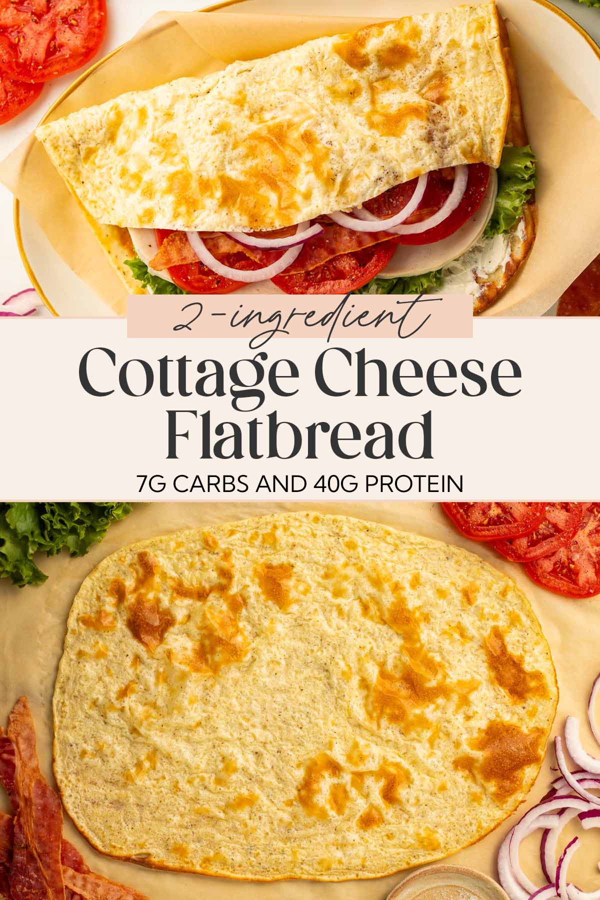 Pin graphic for cottage cheese flatbread.