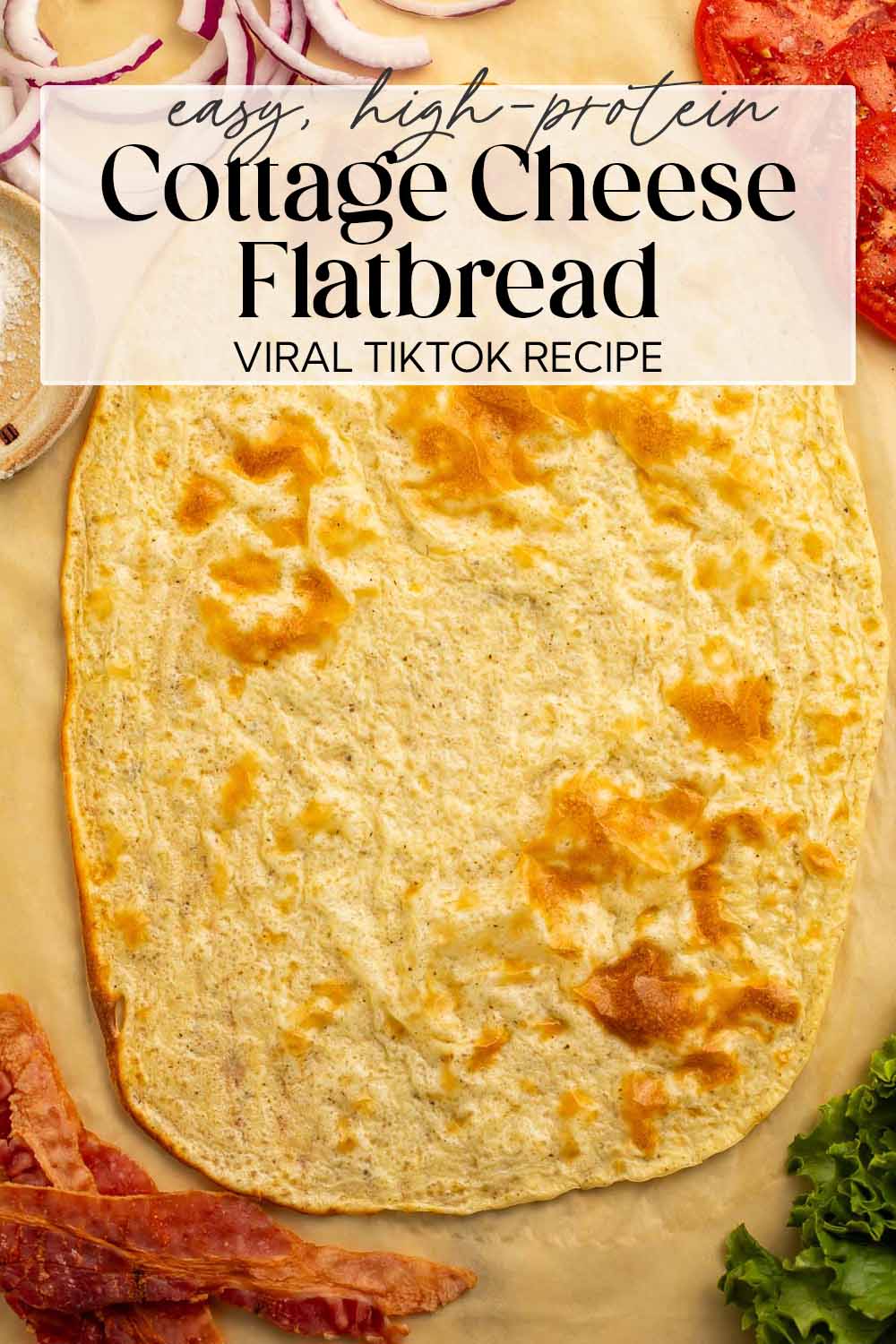 Pin graphic for cottage cheese flatbread.