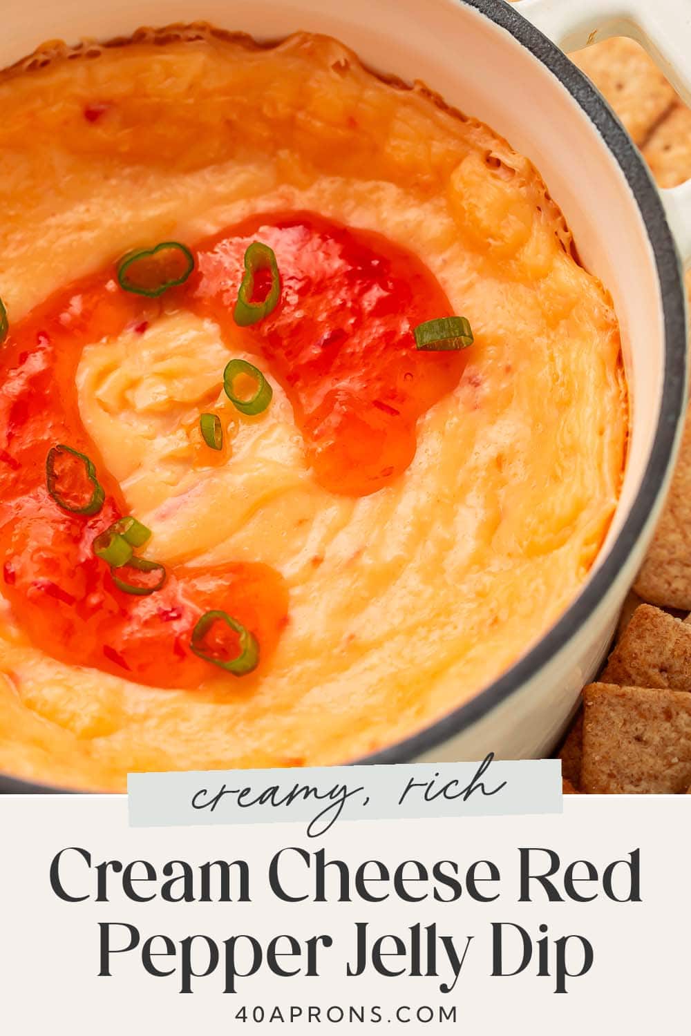 Pin graphic for cream cheese red pepper jelly dip.