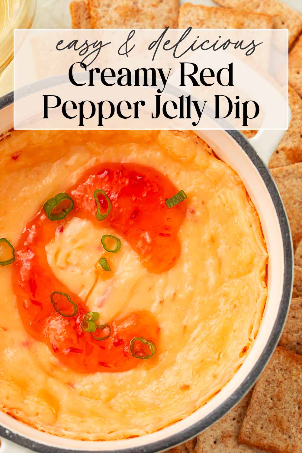 Pin graphic for cream cheese red pepper jelly dip.