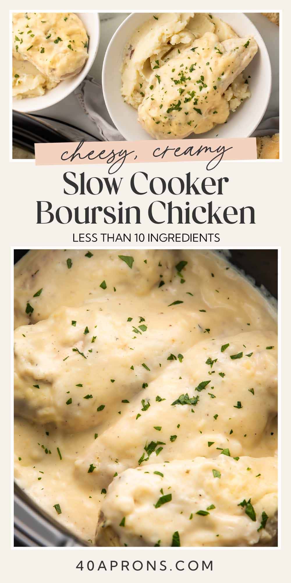 Pin graphic for Crockpot Boursin chicken.