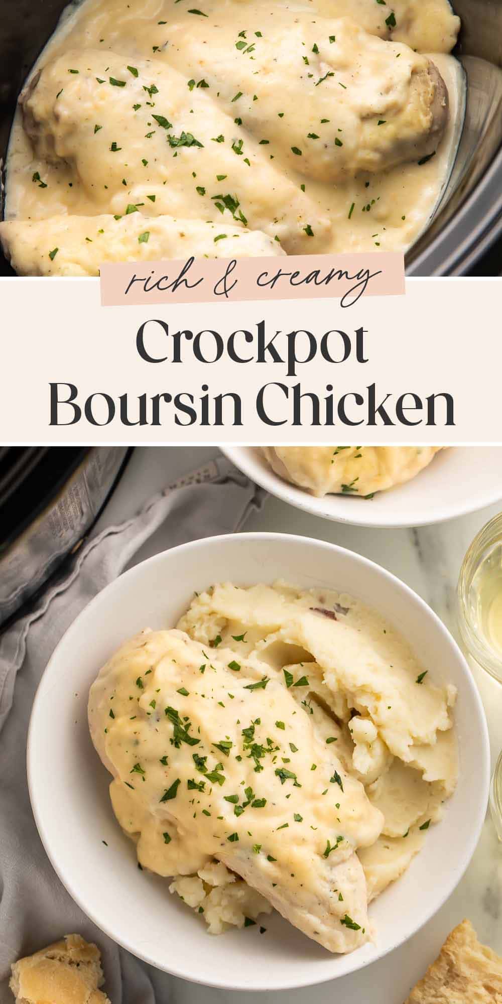 Pin graphic for Crockpot Boursin chicken.