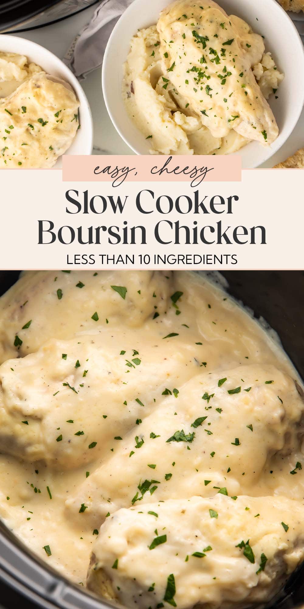 Pin graphic for Crockpot Boursin chicken.