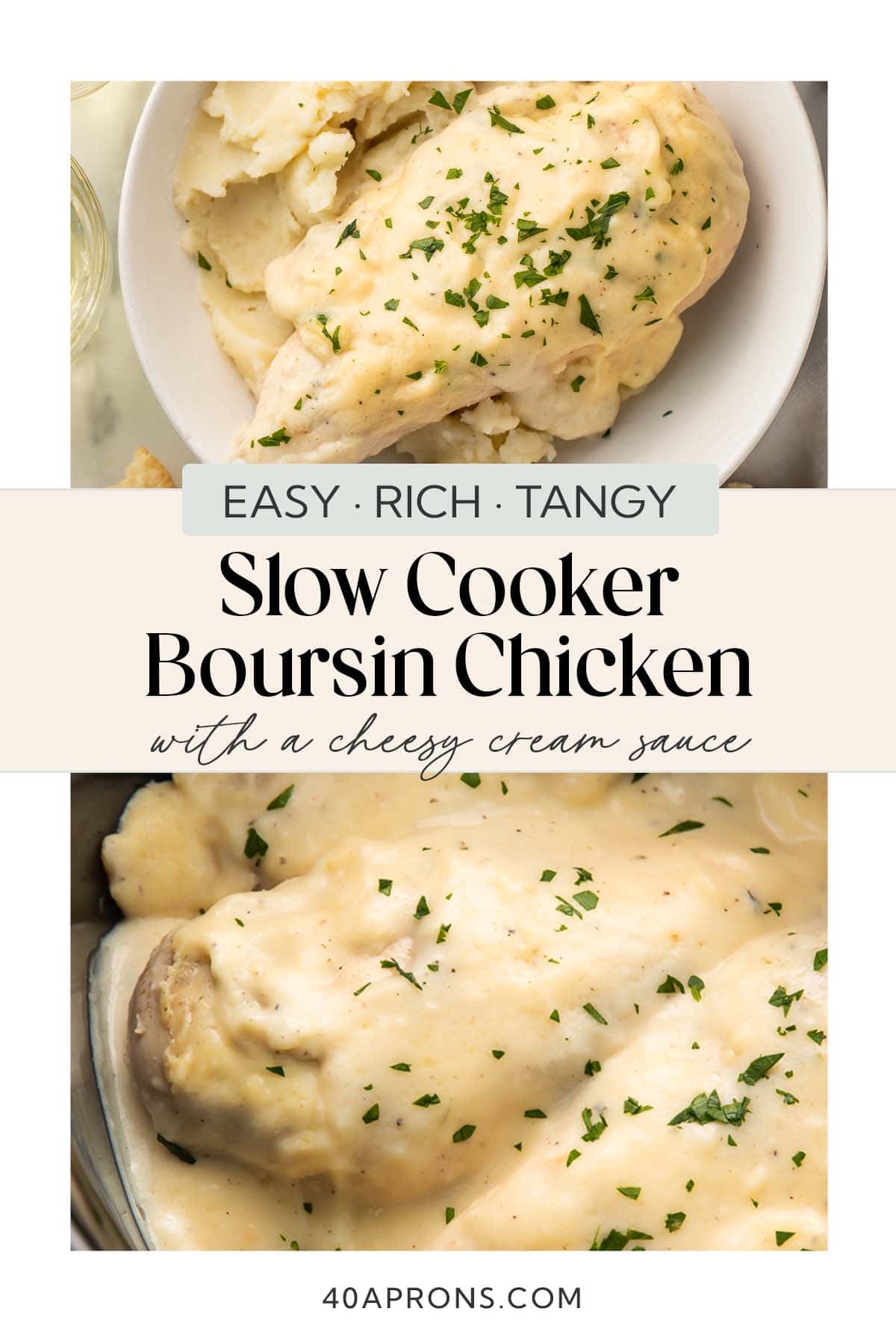 Pin graphic for Crockpot Boursin chicken.