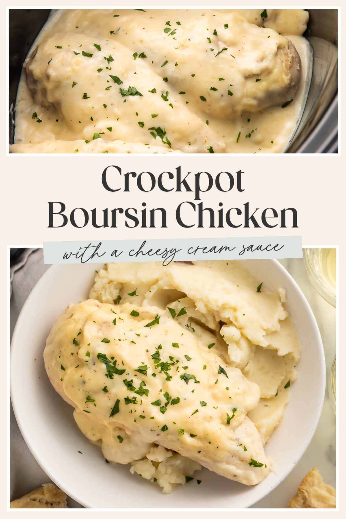 Pin graphic for Crockpot Boursin chicken.