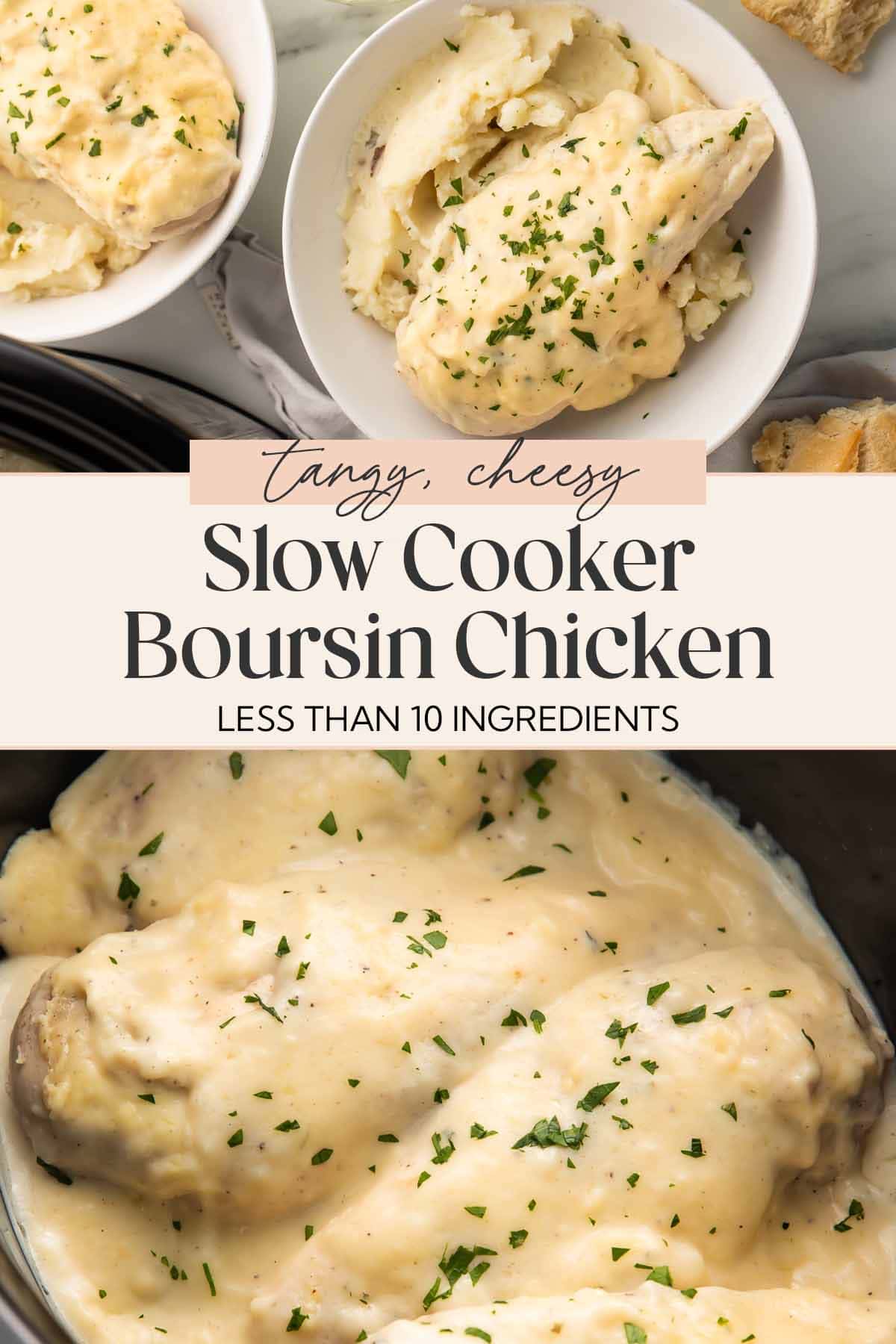 Pin graphic for Crockpot Boursin chicken.