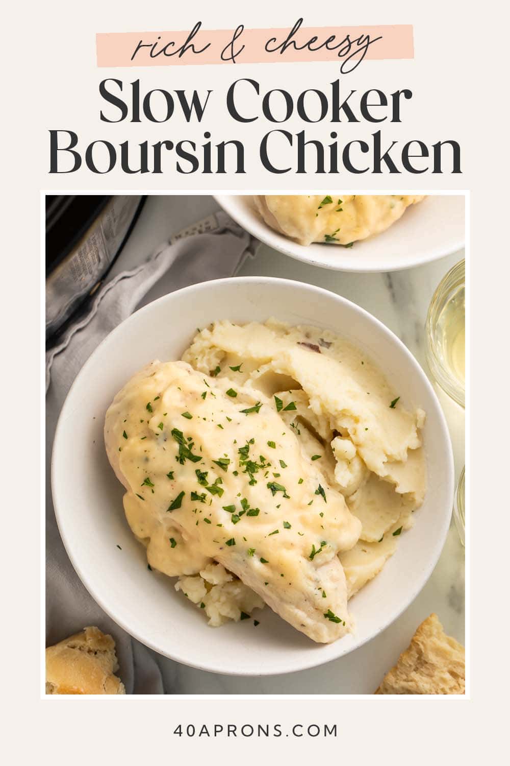 Pin graphic for Crockpot Boursin chicken.