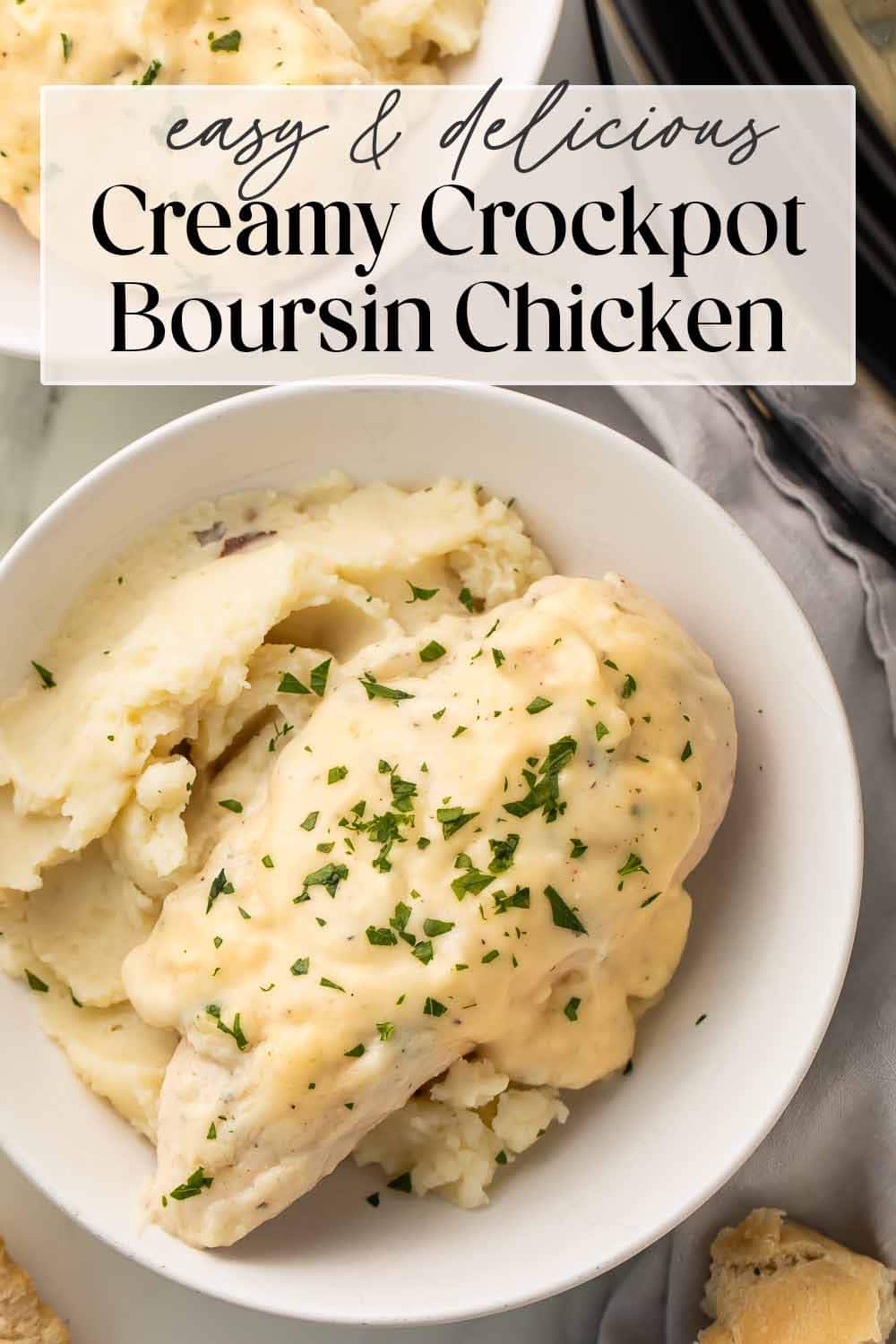 Pin graphic for Crockpot Boursin chicken.