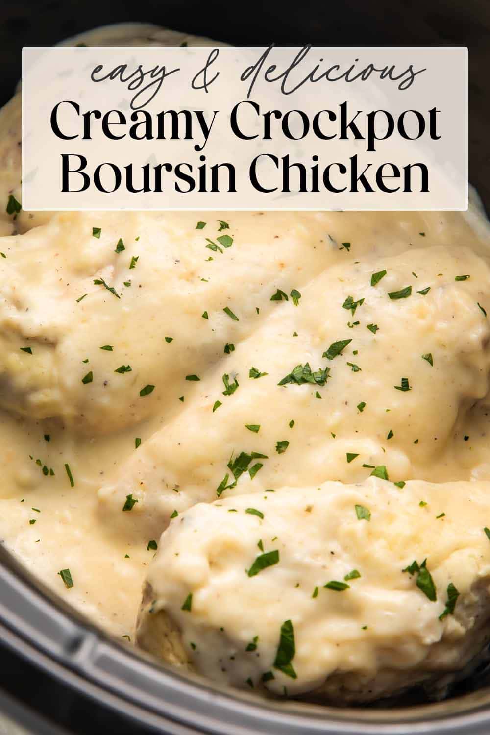 Pin graphic for Crockpot Boursin chicken.