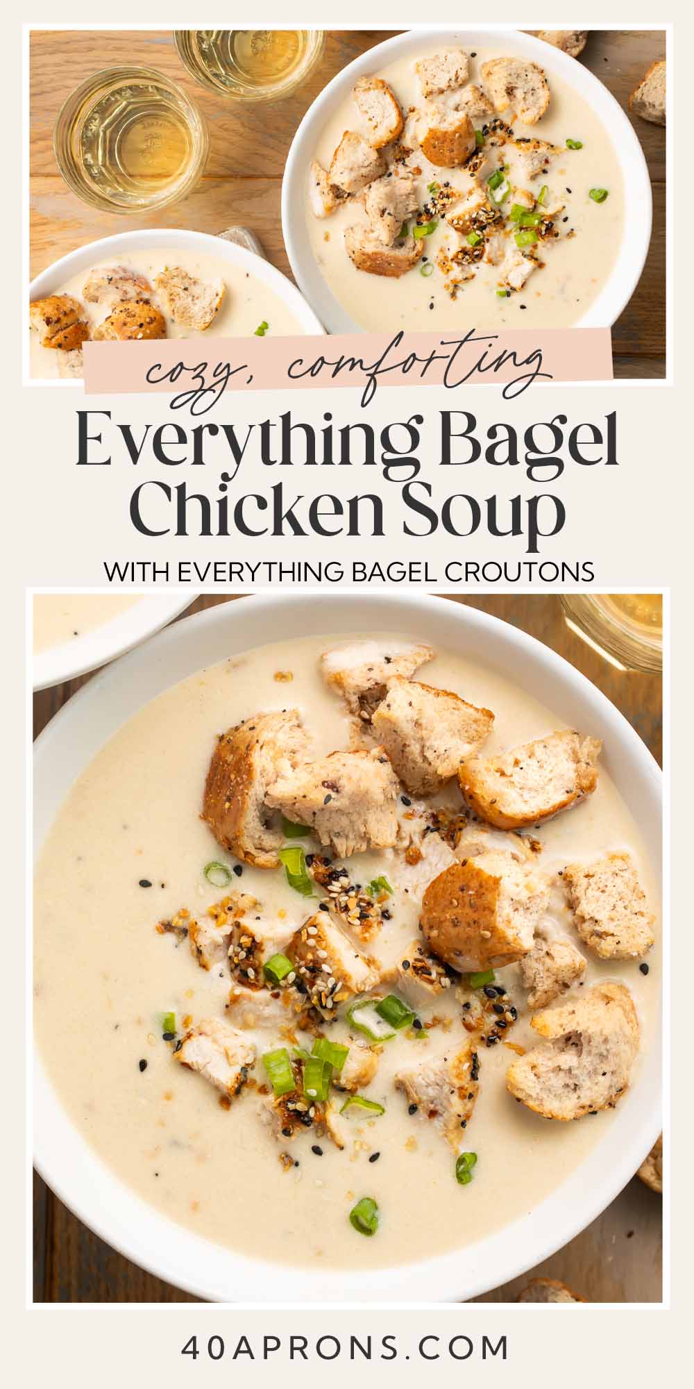 Pin graphic for everything bagel chicken soup.