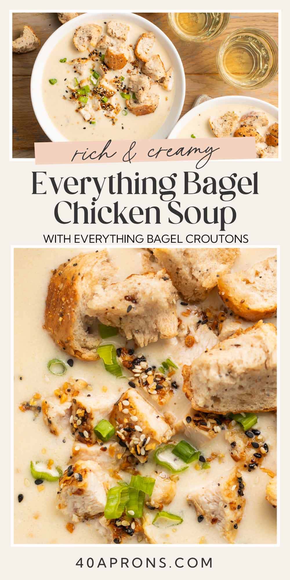 Pin graphic for everything bagel chicken soup.