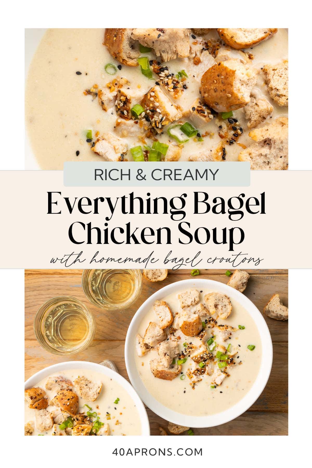 Pin graphic for everything bagel chicken soup.