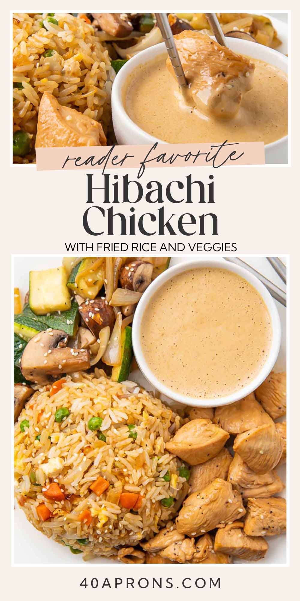 Pin graphic for hibachi chicken and veggies with fried rice.