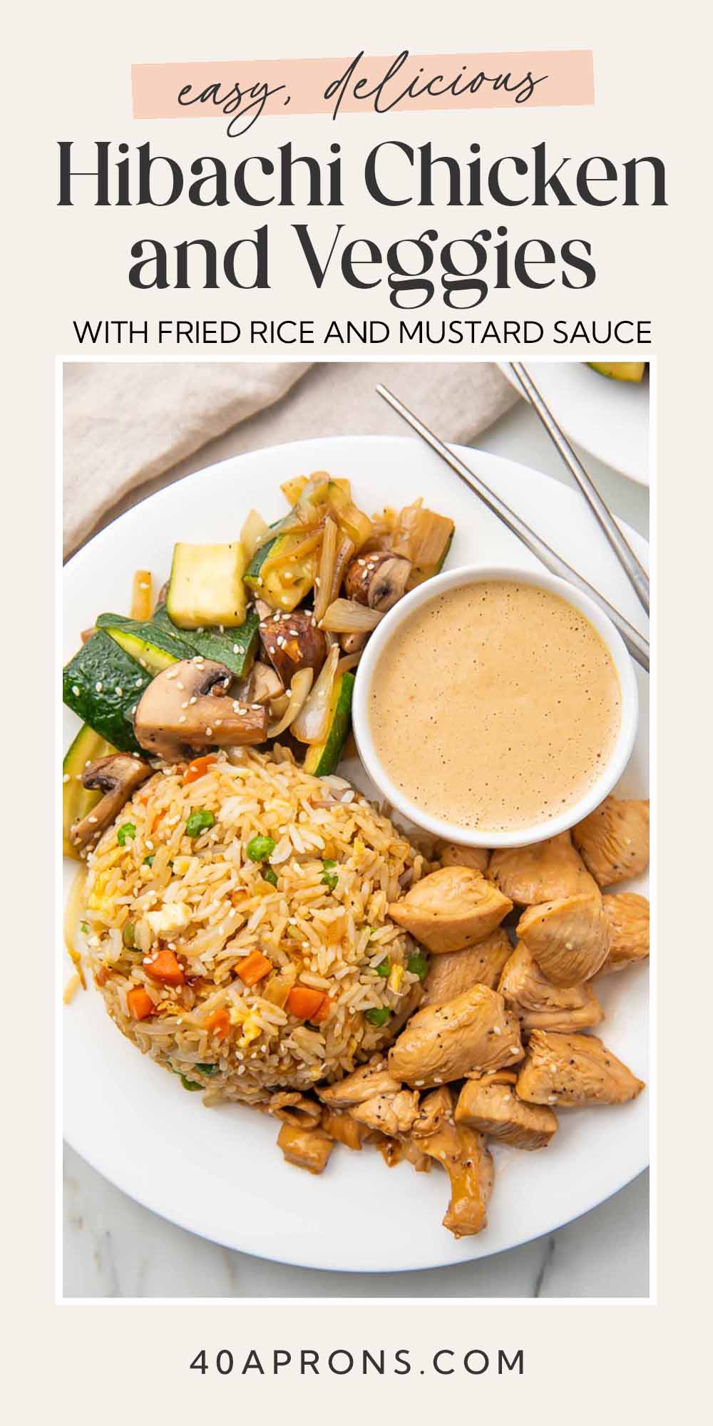 Pin graphic for hibachi chicken and veggies with fried rice.