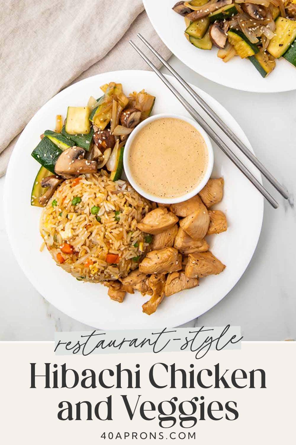 Pin graphic for hibachi chicken and veggies with fried rice.