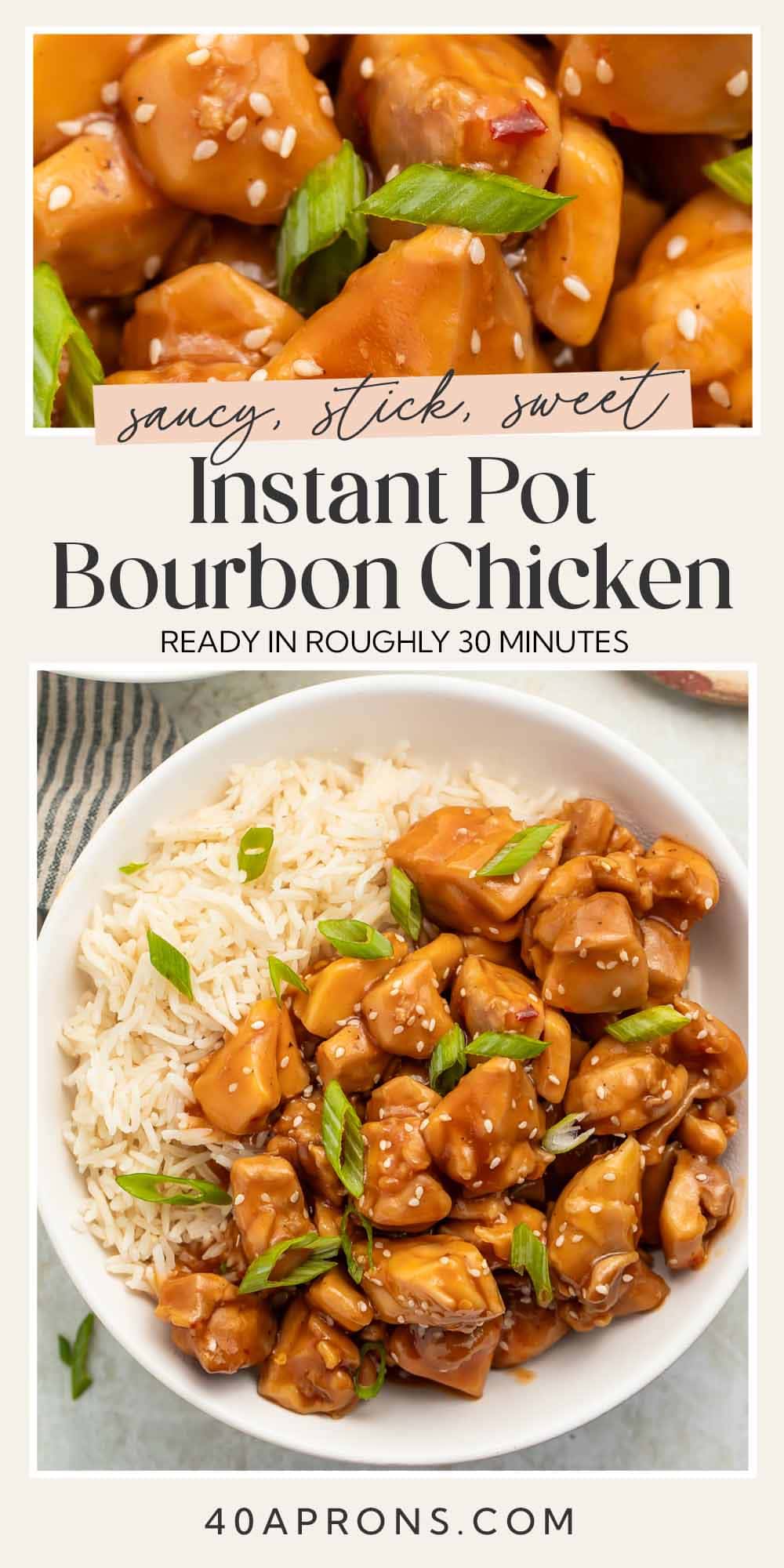 Pin graphic for Instant Pot bourbon chicken.