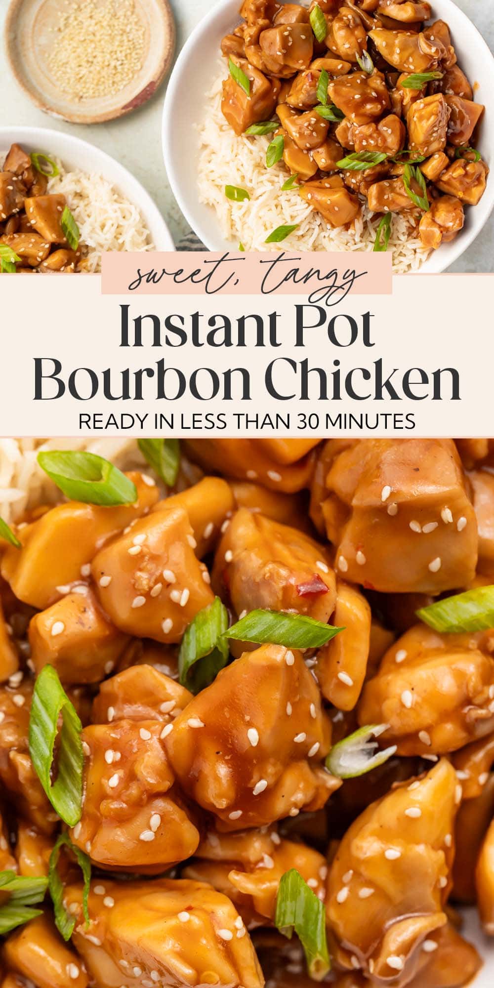 Pin graphic for Instant Pot bourbon chicken.