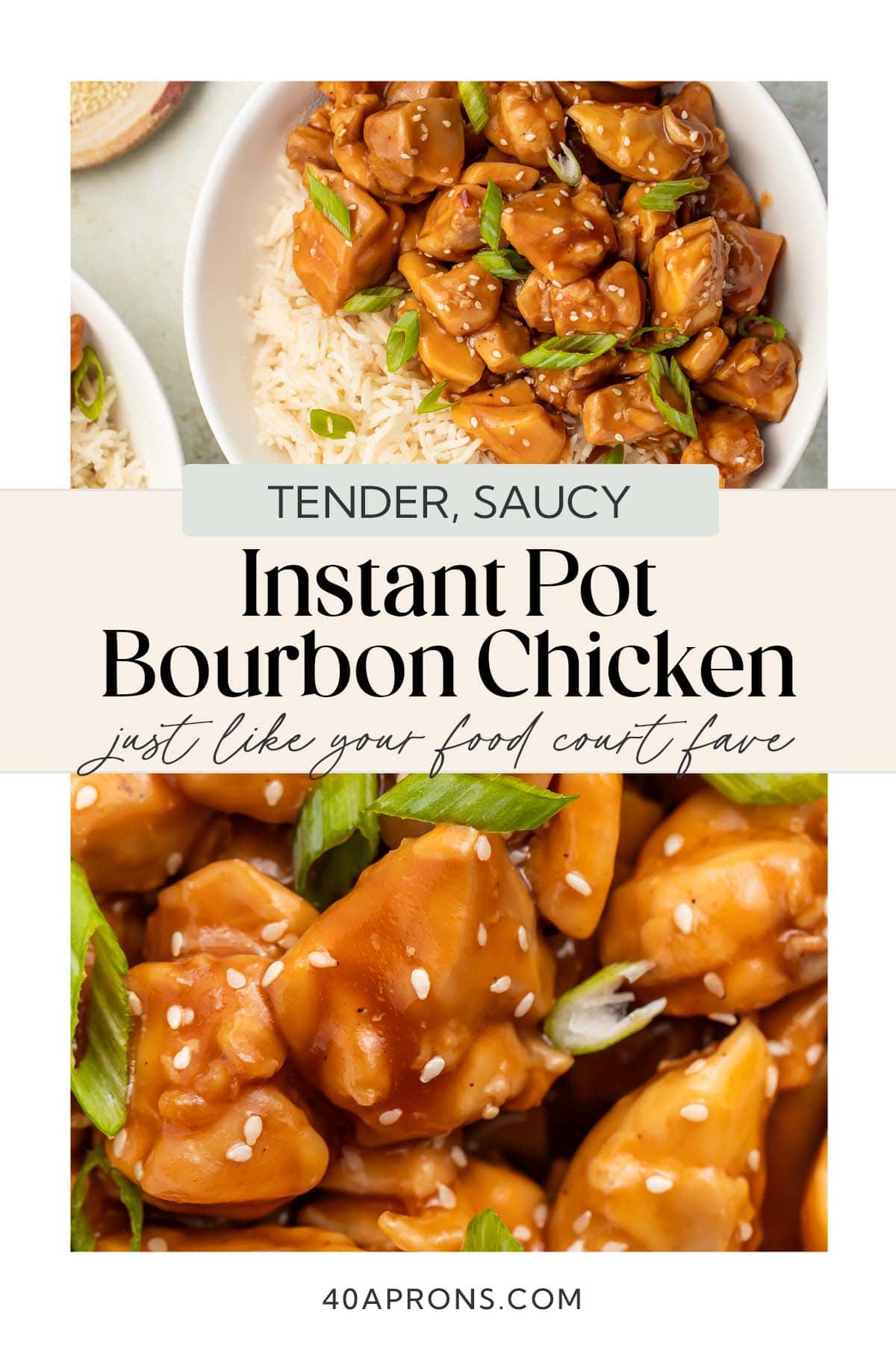 Pin graphic for Instant Pot bourbon chicken.