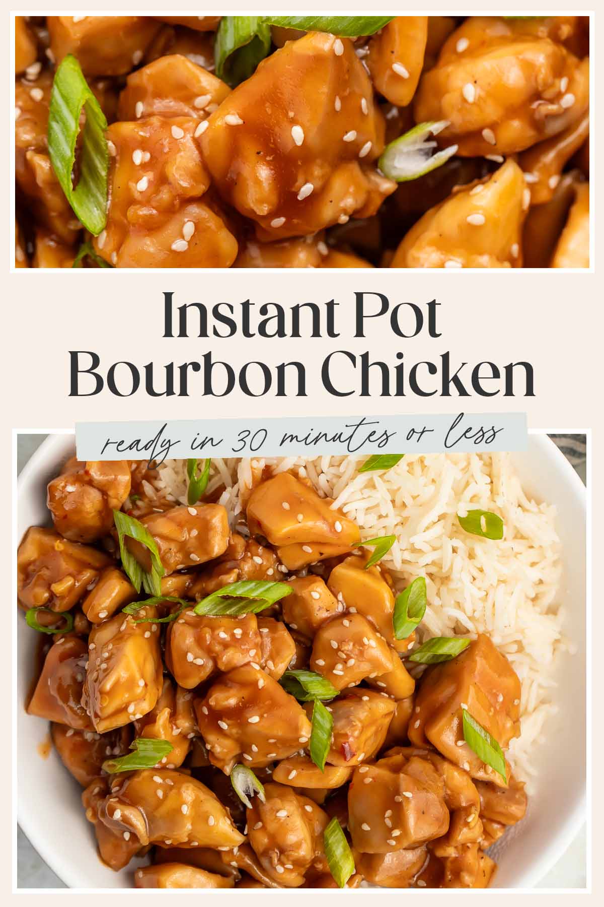 Pin graphic for Instant Pot bourbon chicken.