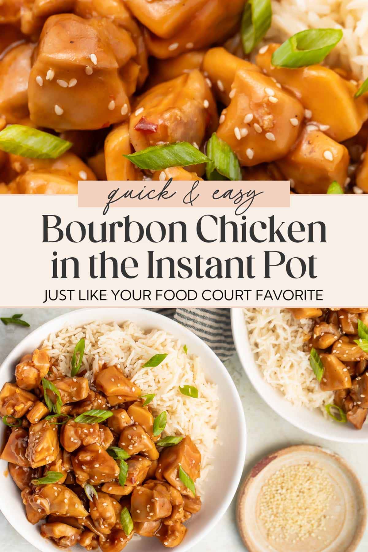 Pin graphic for Instant Pot bourbon chicken.