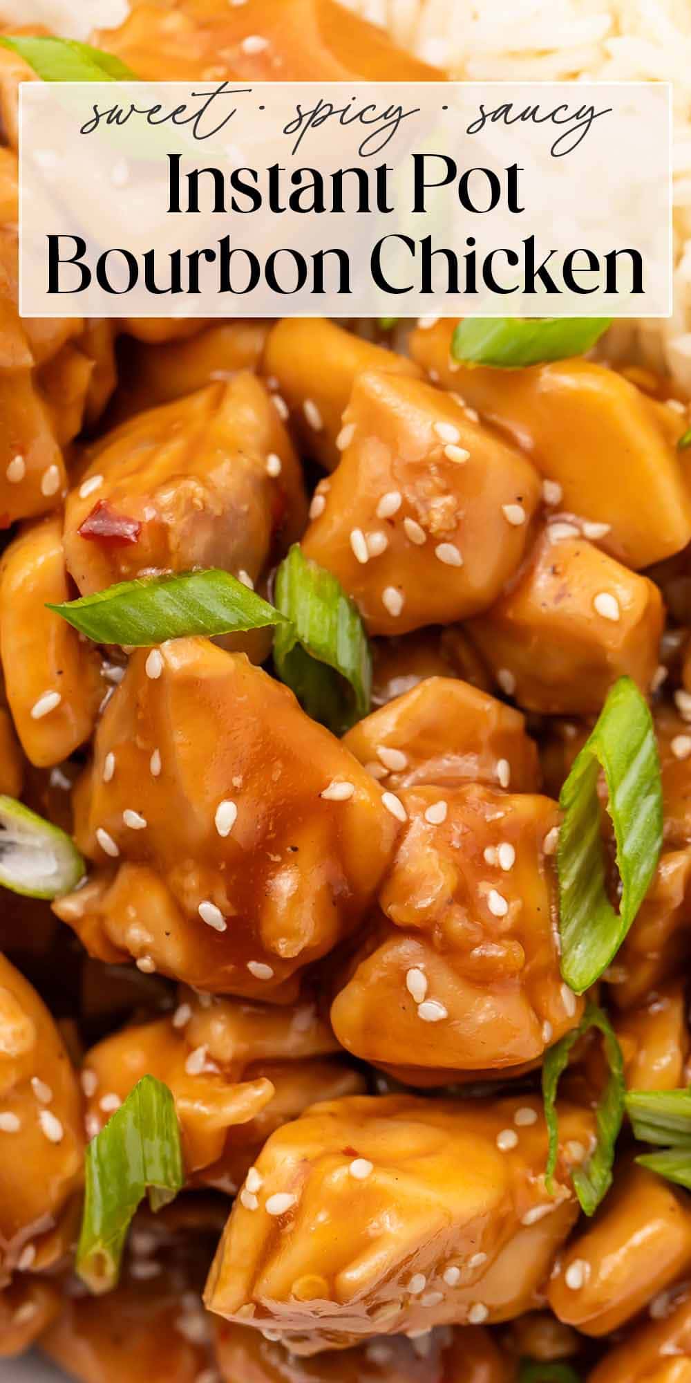 Pin graphic for Instant Pot bourbon chicken.