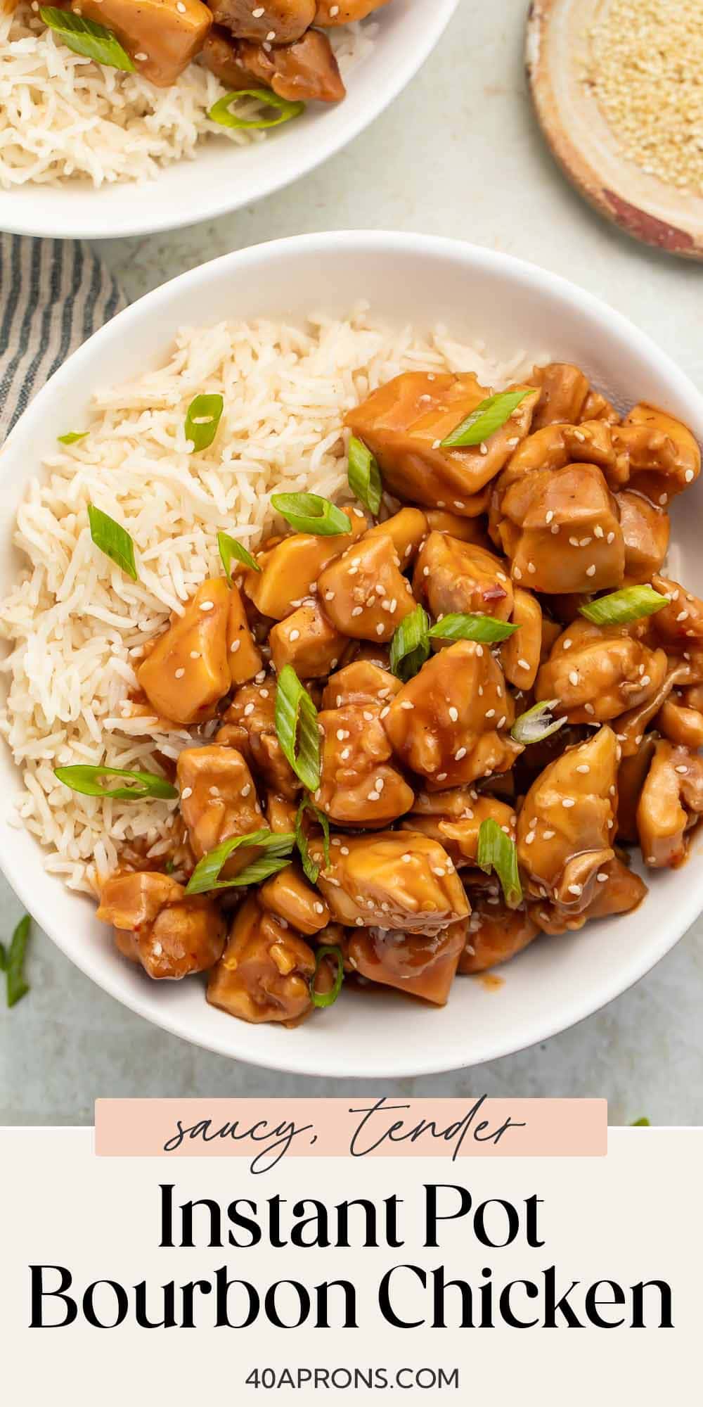 Pin graphic for Instant Pot bourbon chicken.