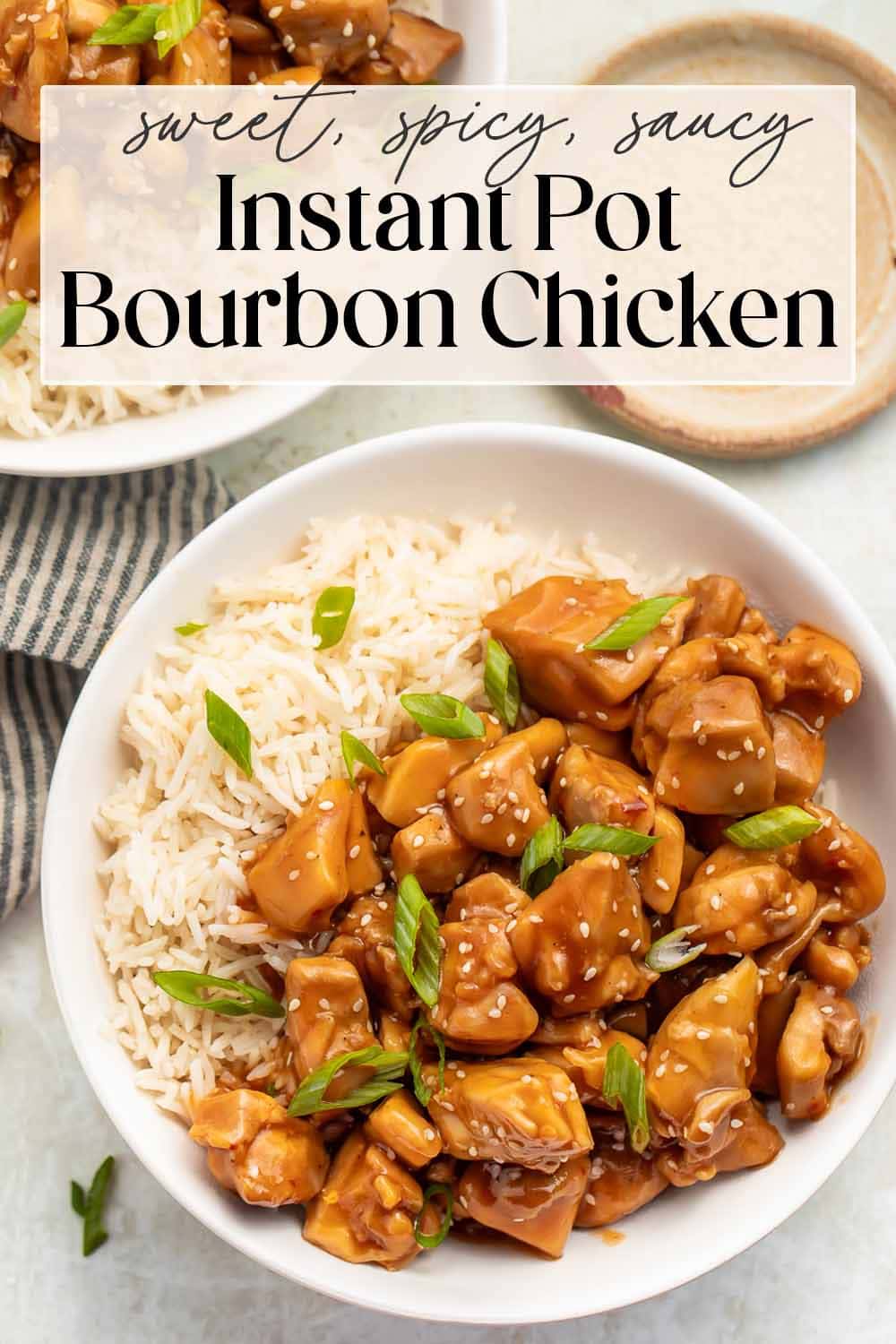 Pin graphic for Instant Pot bourbon chicken.