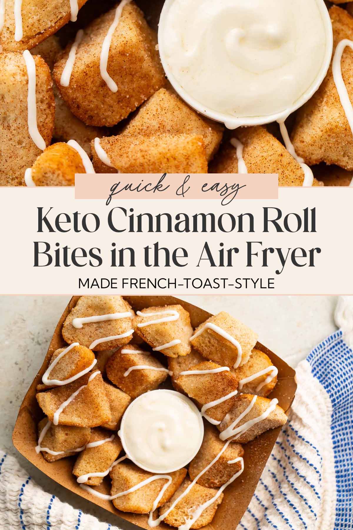 Pin graphic for keto cinnamon roll bites.