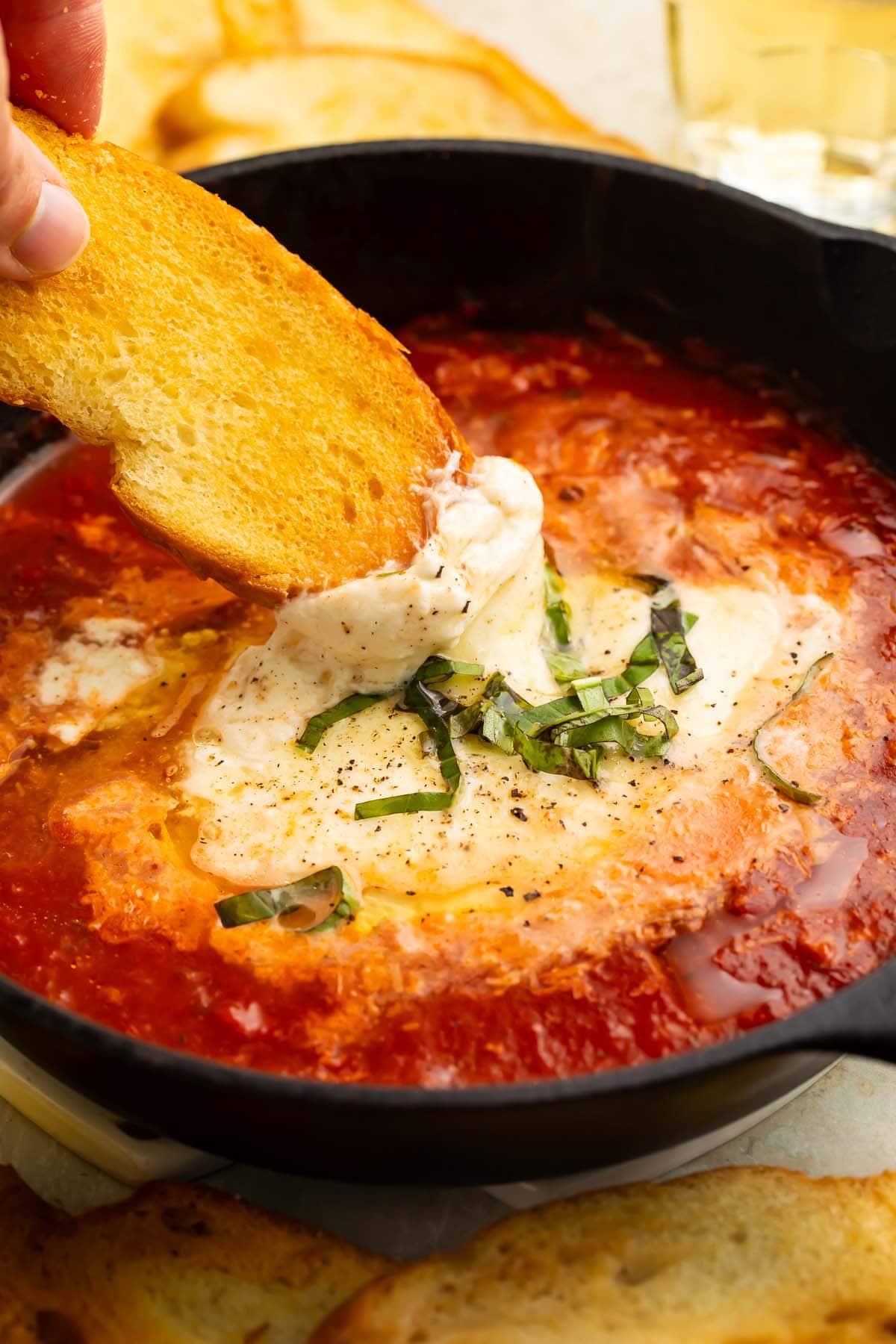 A piece of crostini scooping marinara and truffle baked burrata out of a black bowl.