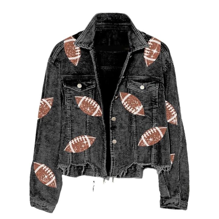 Black corduroy jacket with beaded football patches.