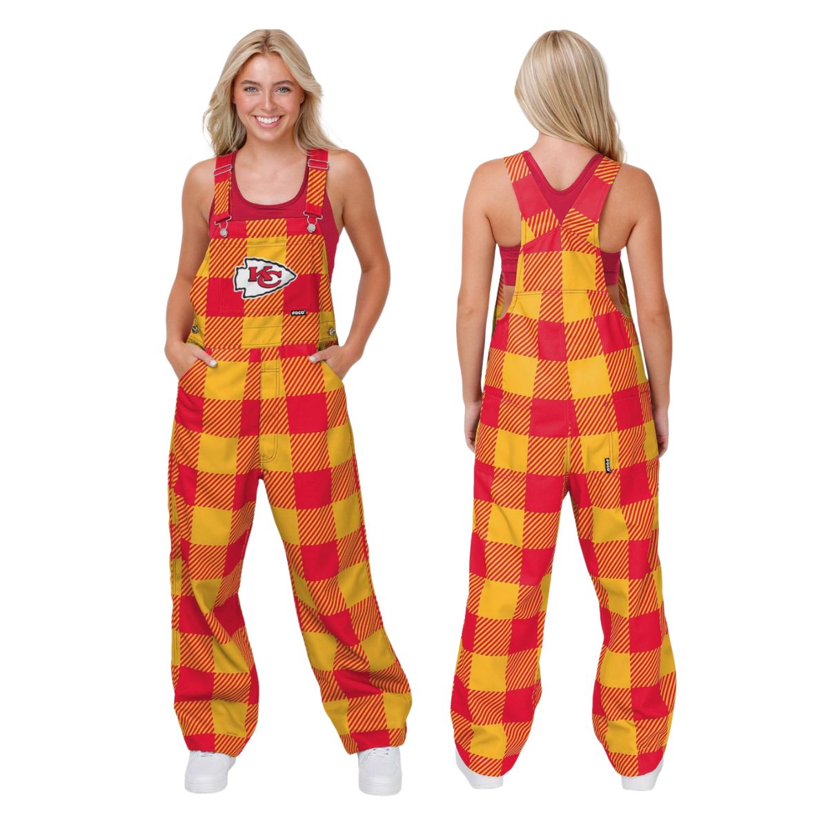 Chiefs plaid bib overalls.