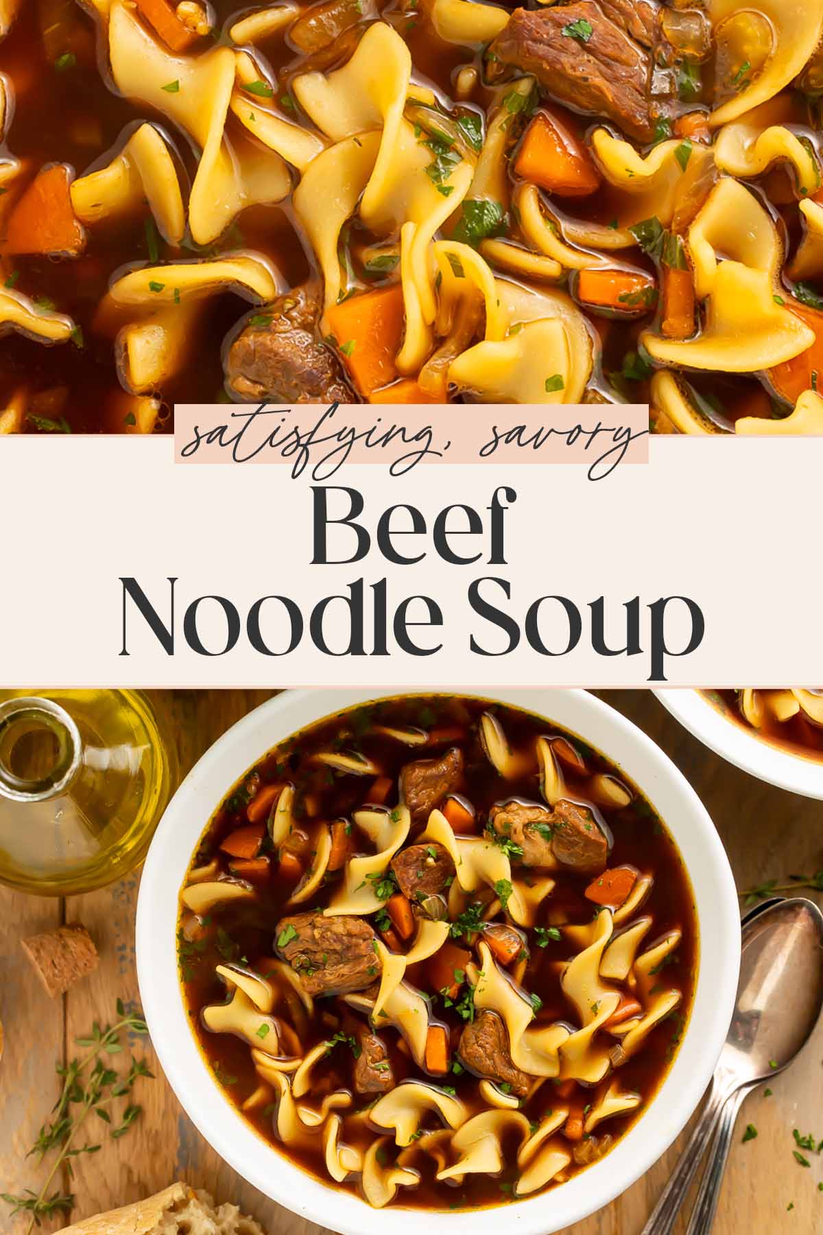 Pin graphic for beef noodle soup.