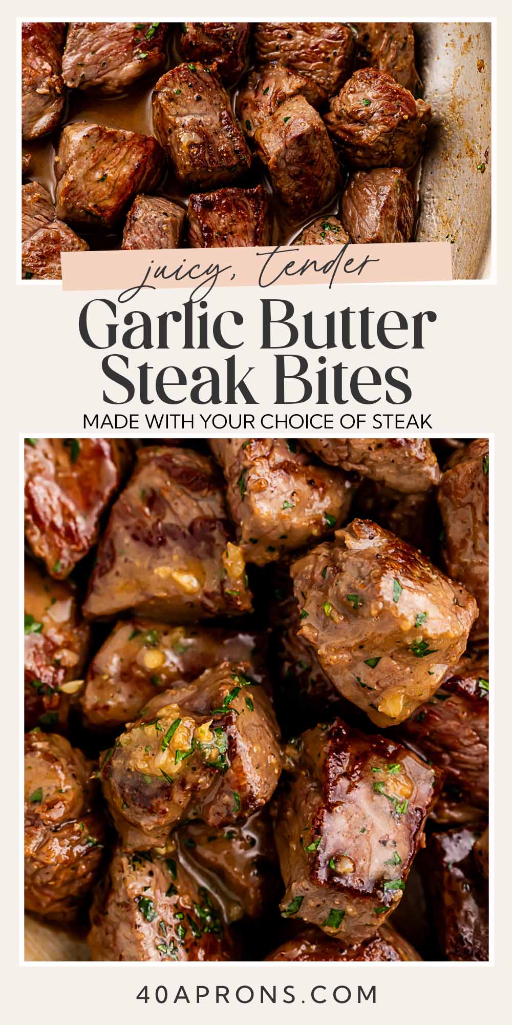 Pin graphic for garlic butter steak bites.