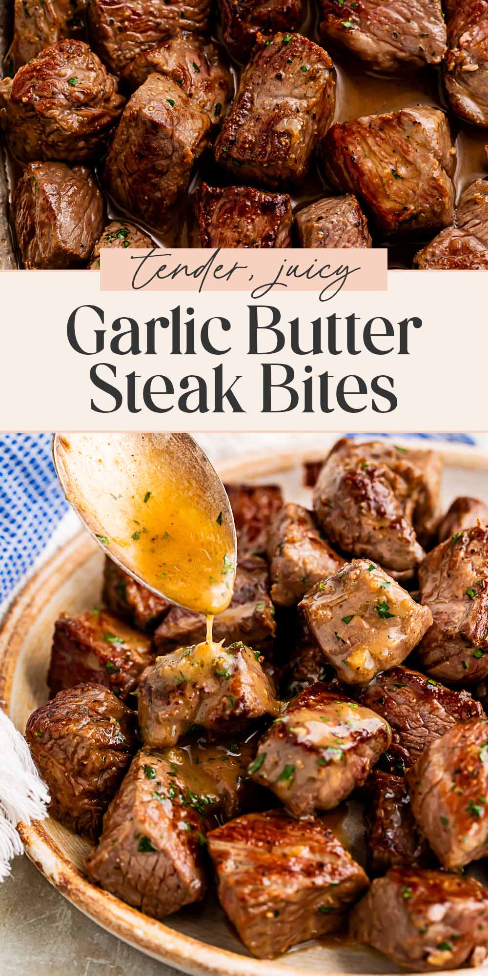 Pin graphic for garlic butter steak bites.