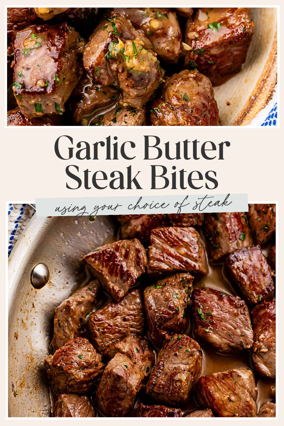 Pin graphic for garlic butter steak bites.