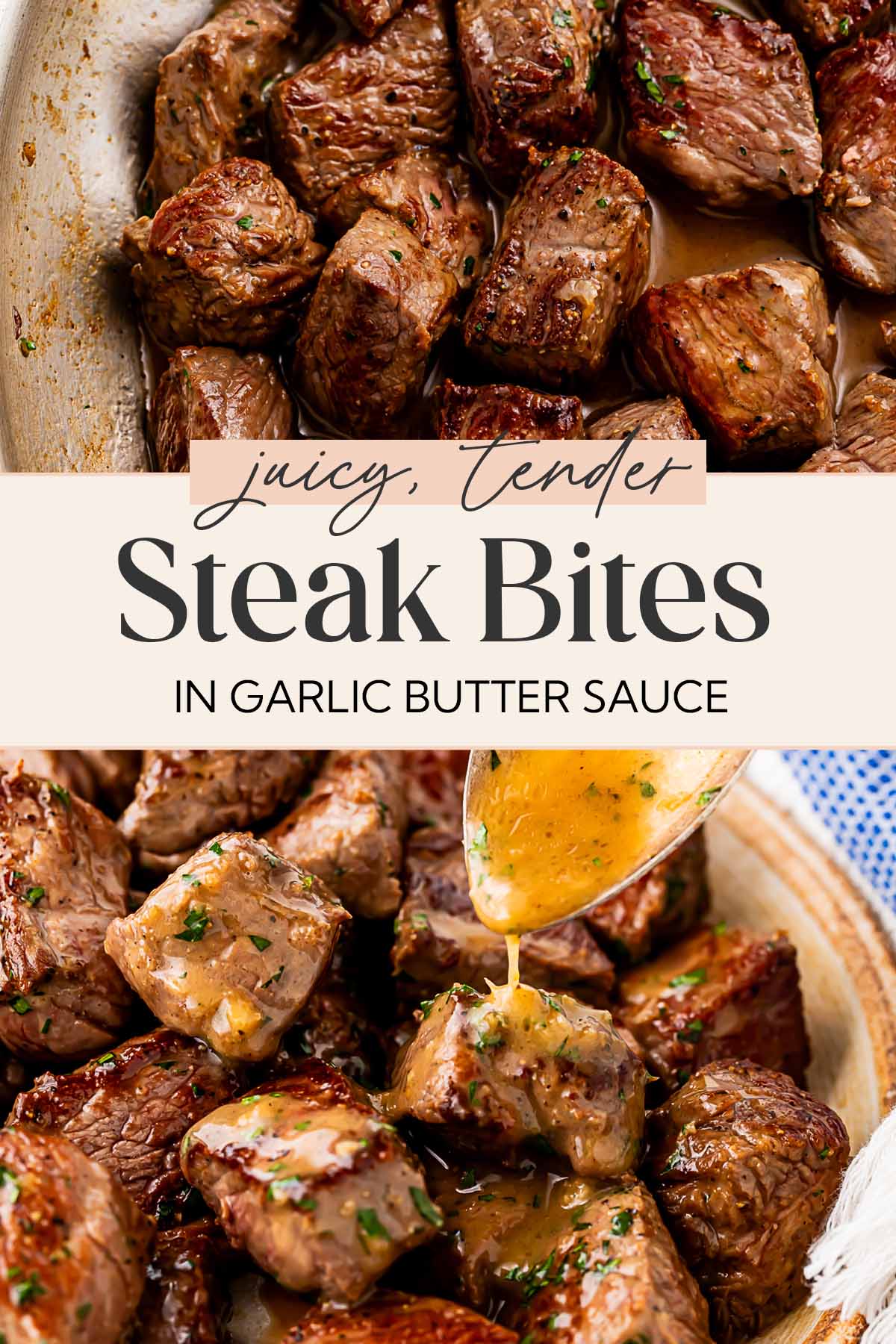 Pin graphic for garlic butter steak bites.