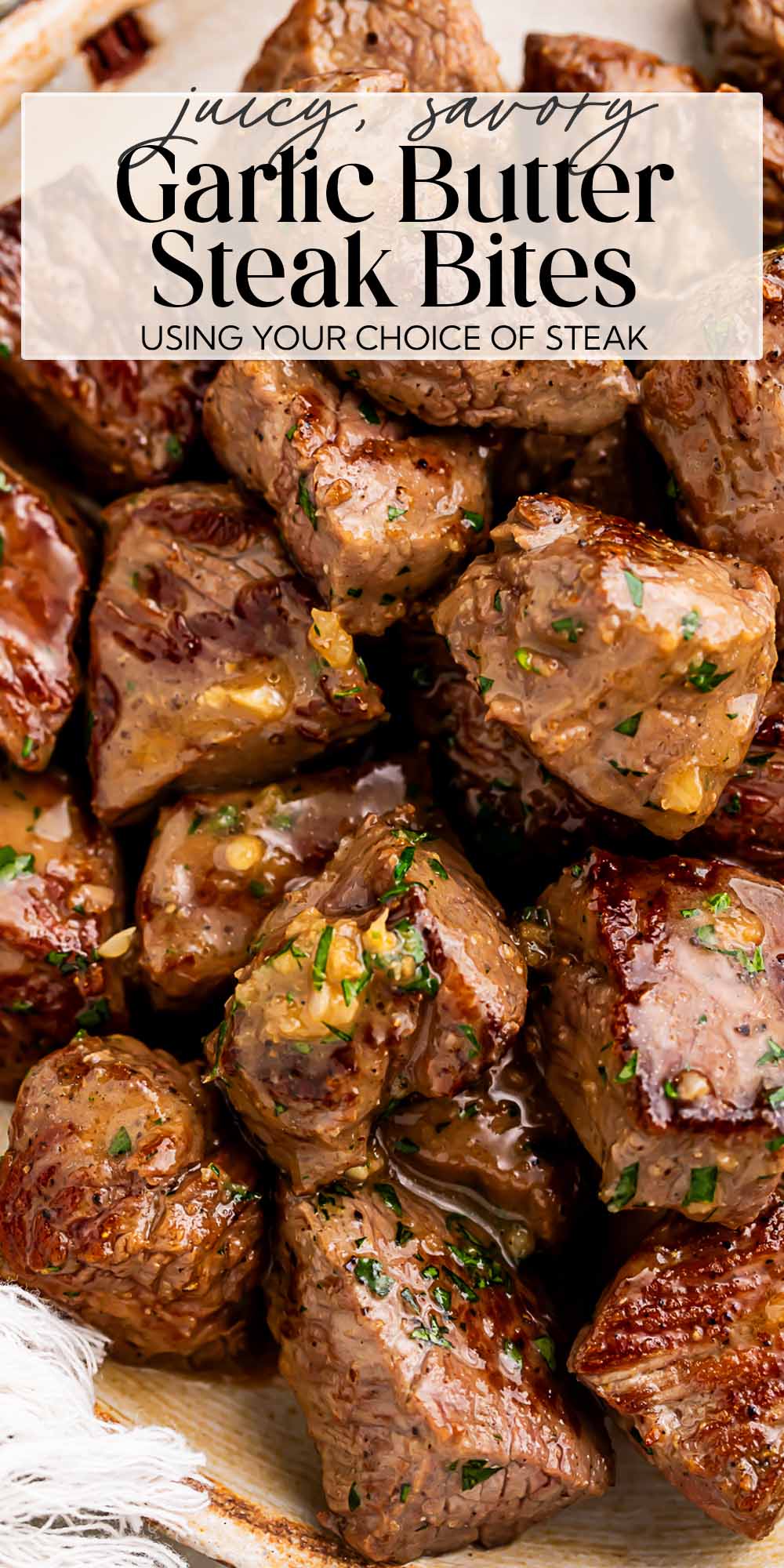 Pin graphic for garlic butter steak bites.