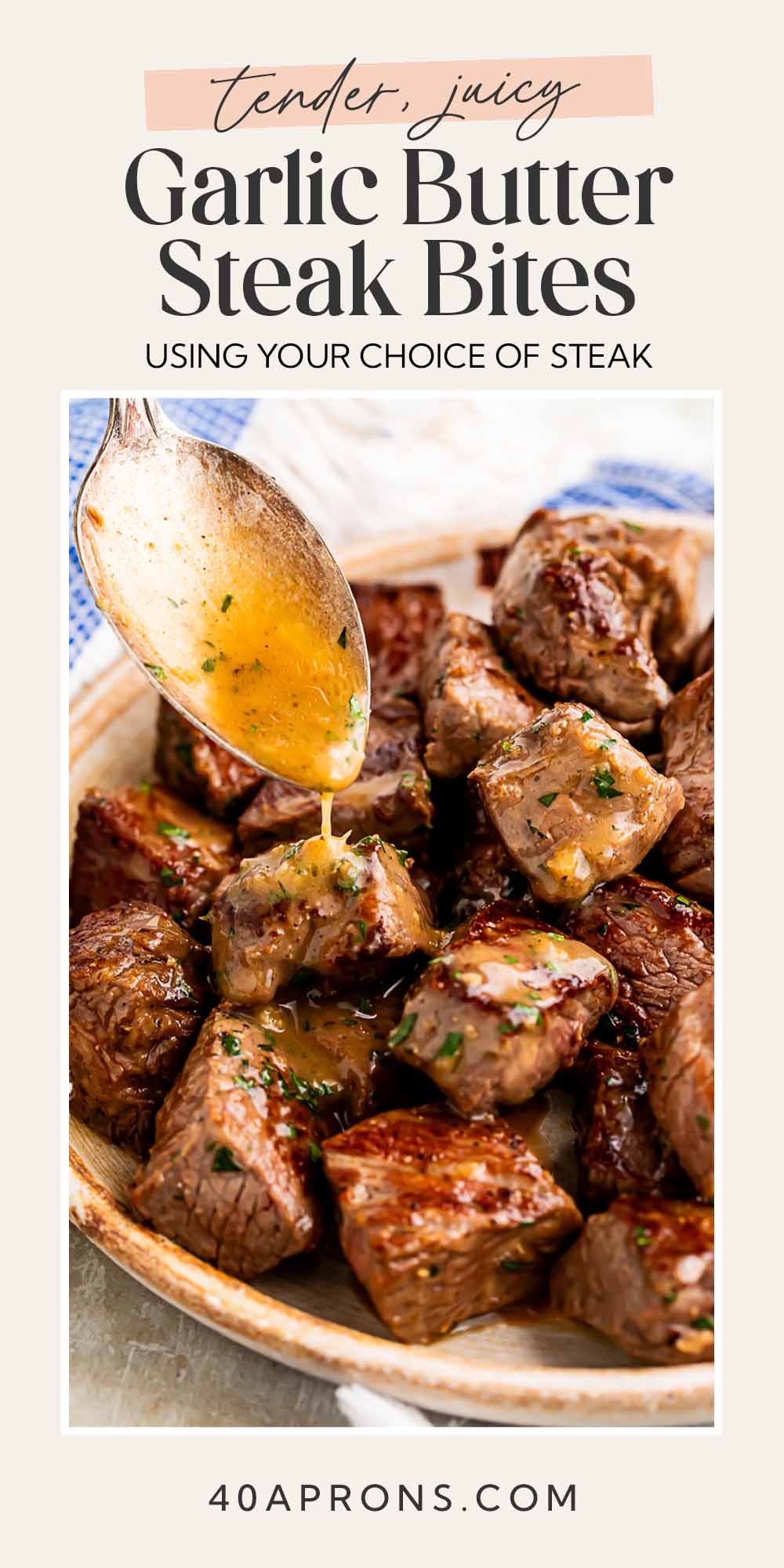 Pin graphic for garlic butter steak bites.