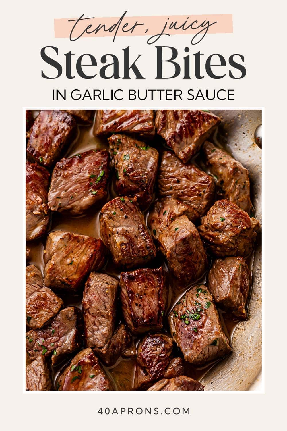 Pin graphic for garlic butter steak bites.