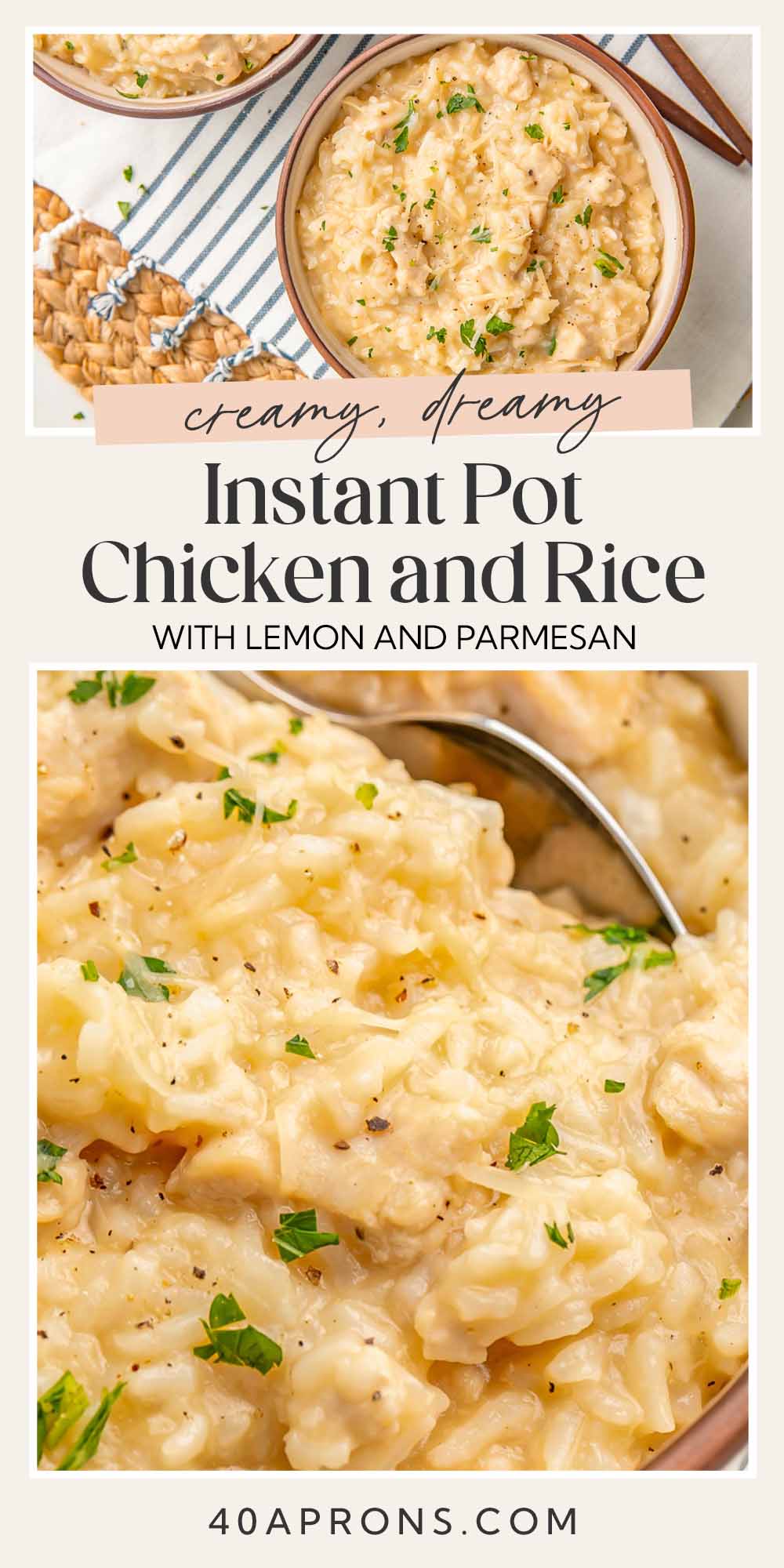 Pin graphic for Instant Pot chicken and rice.