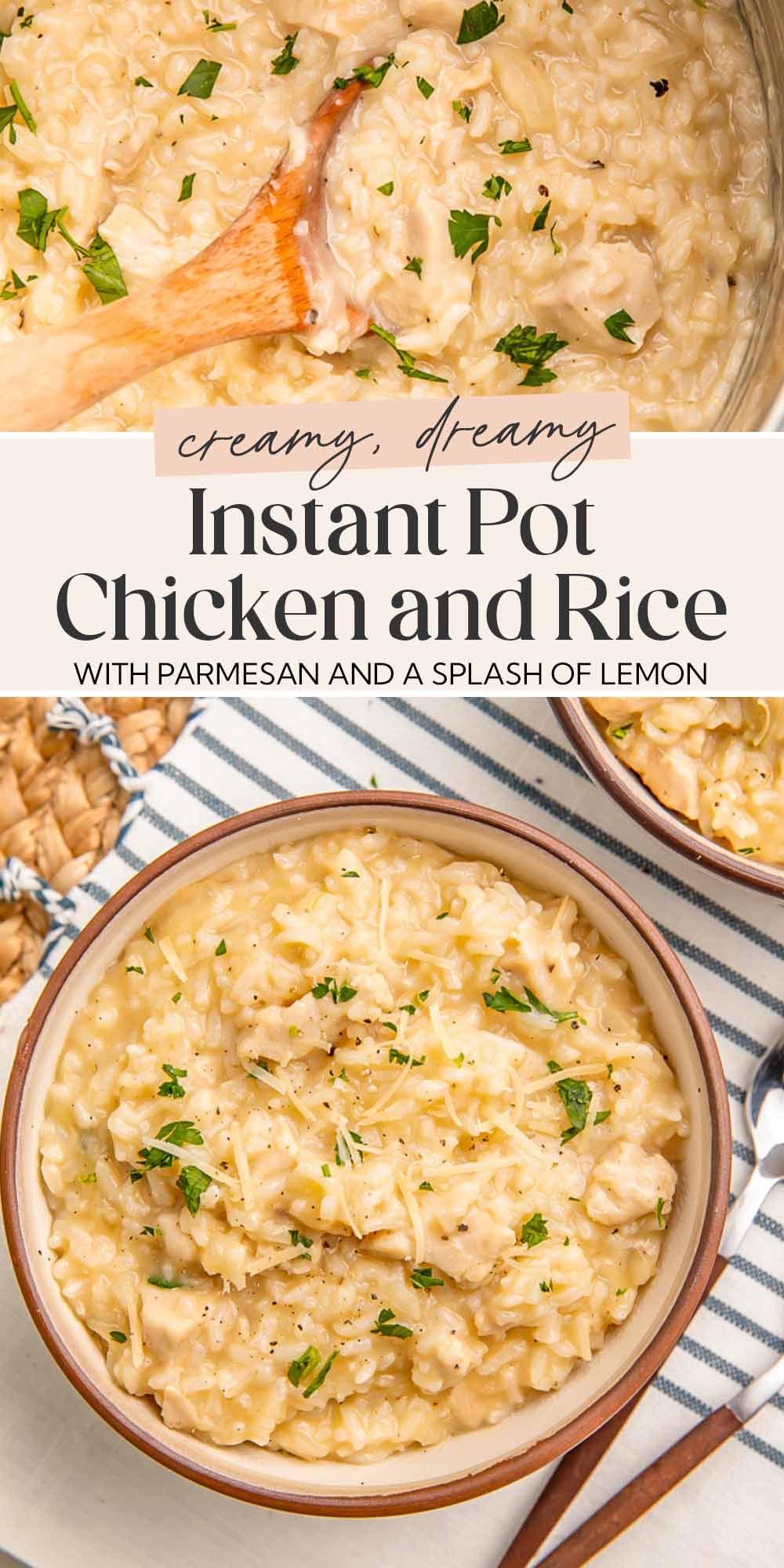 Pin graphic for Instant Pot chicken and rice.