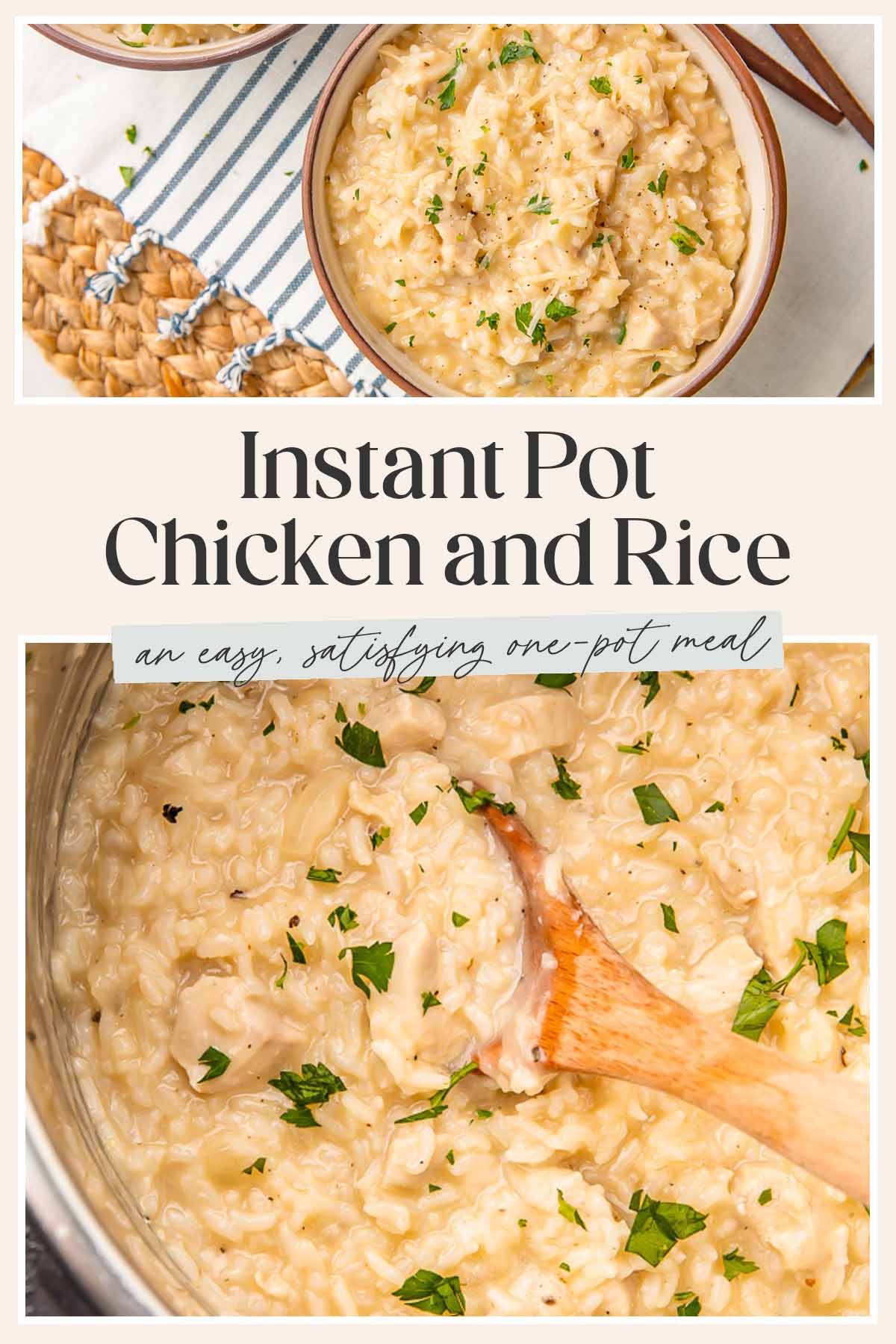 Pin graphic for Instant Pot chicken and rice.