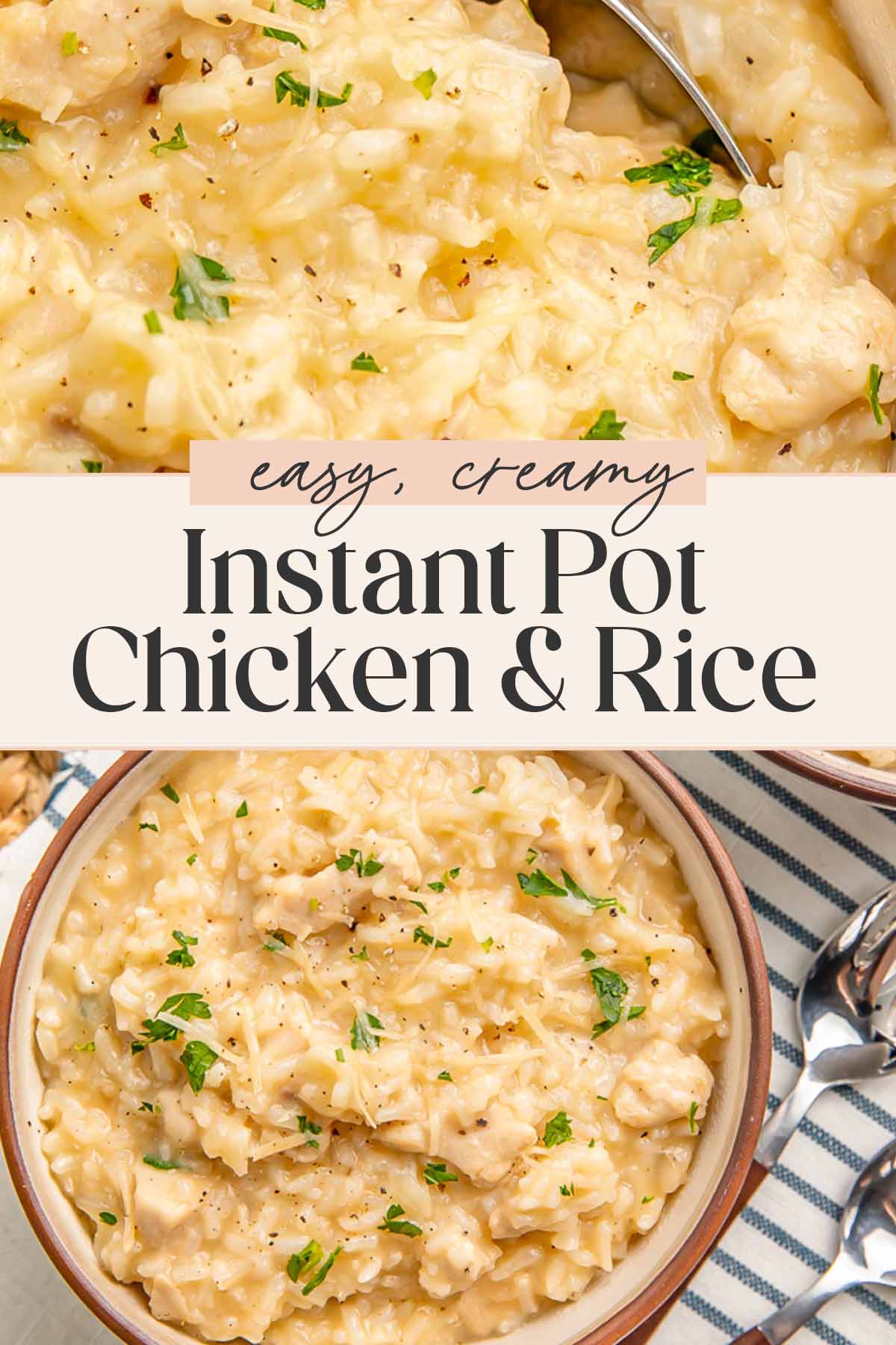 Pin graphic for Instant Pot chicken and rice.