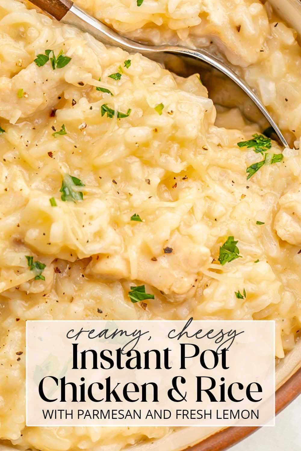 Pin graphic for Instant Pot chicken and rice.