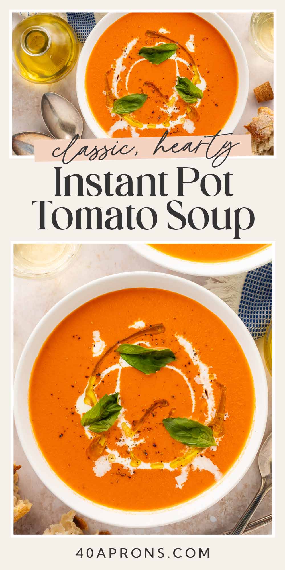 Pin graphic for Instant Pot tomato soup.