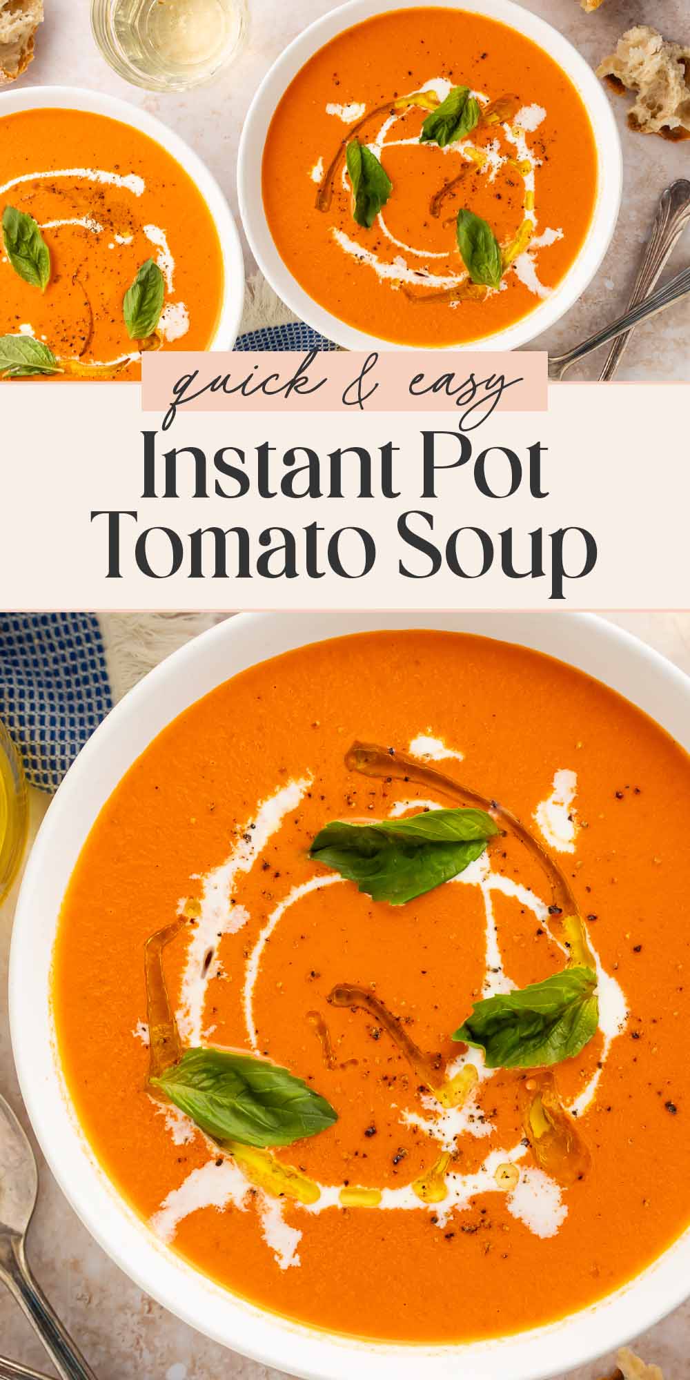 Pin graphic for Instant Pot tomato soup.