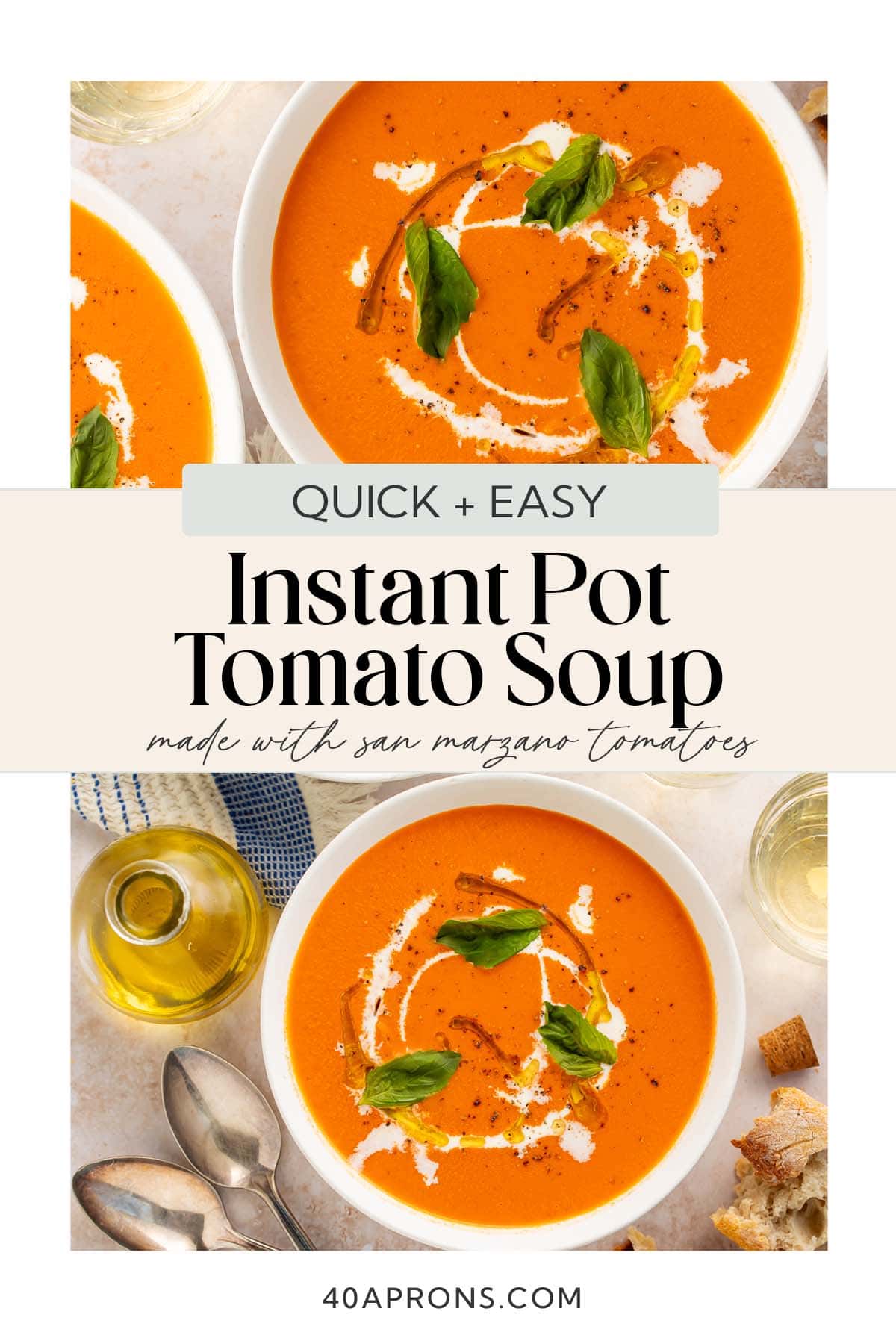 Pin graphic for Instant Pot tomato soup.