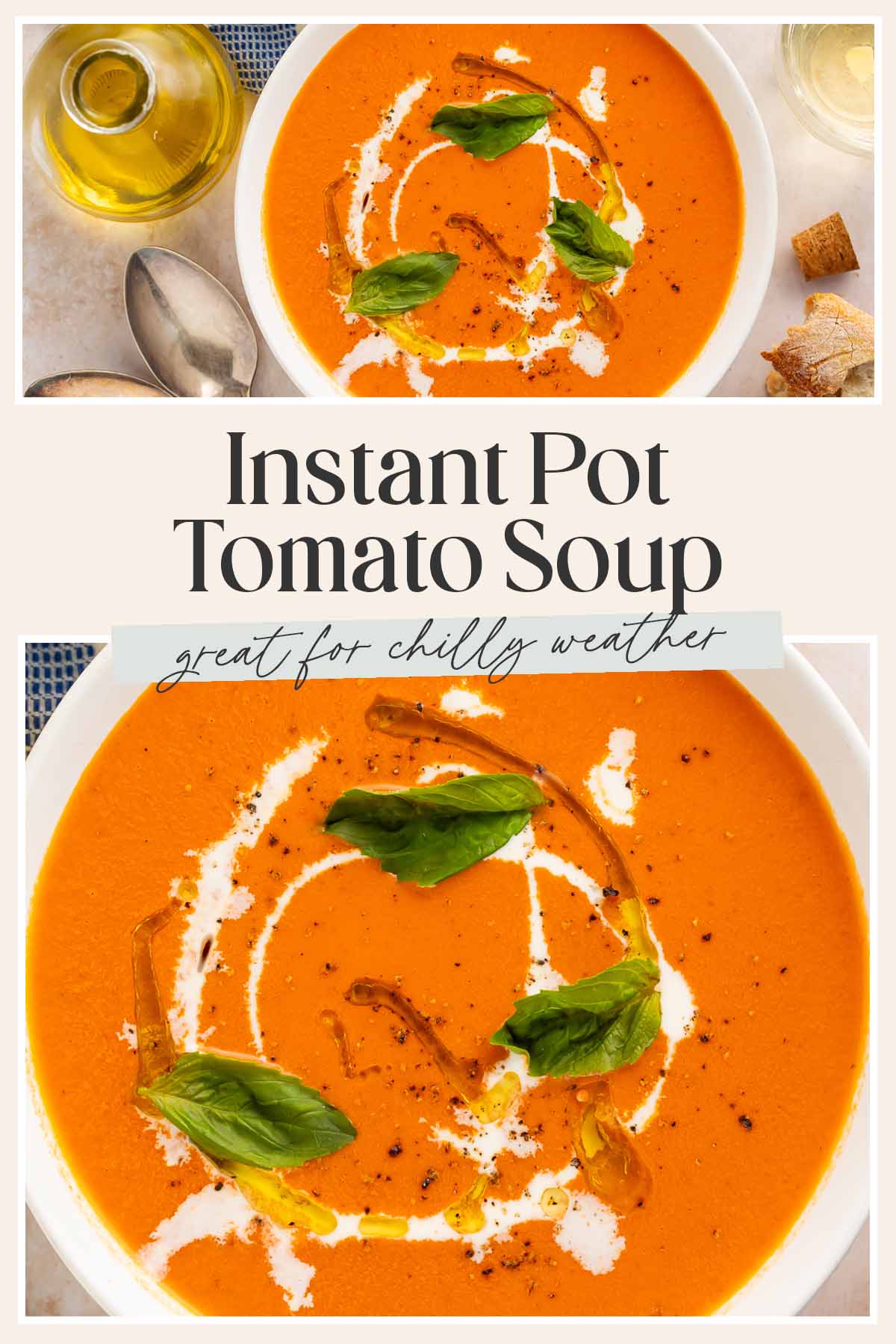 Pin graphic for Instant Pot tomato soup.